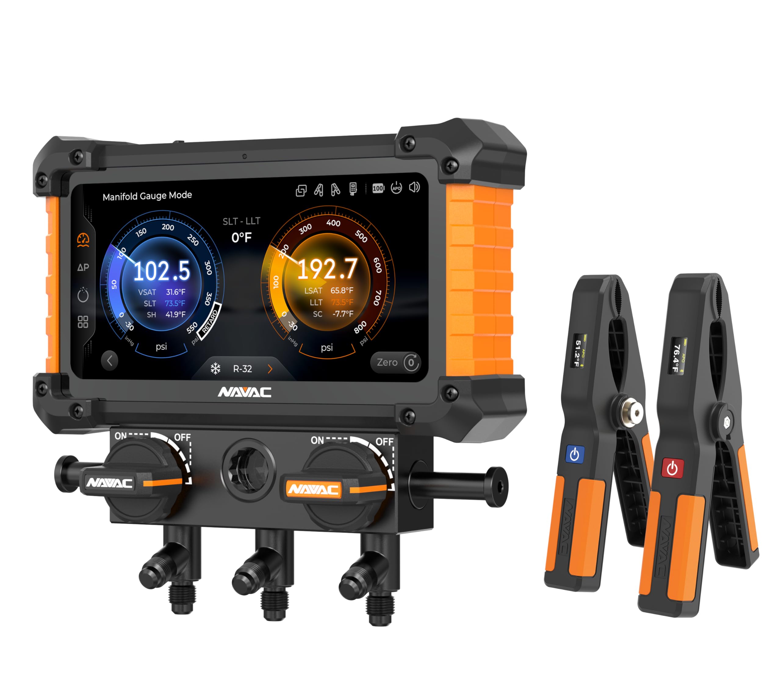 NAVAC NX1G Nexus 2 Digital Manifold Gauge, 2-Valve HVAC Tool with Wireless Temperature Clamps - HD Touchscreen, Class 0.4 Accura
