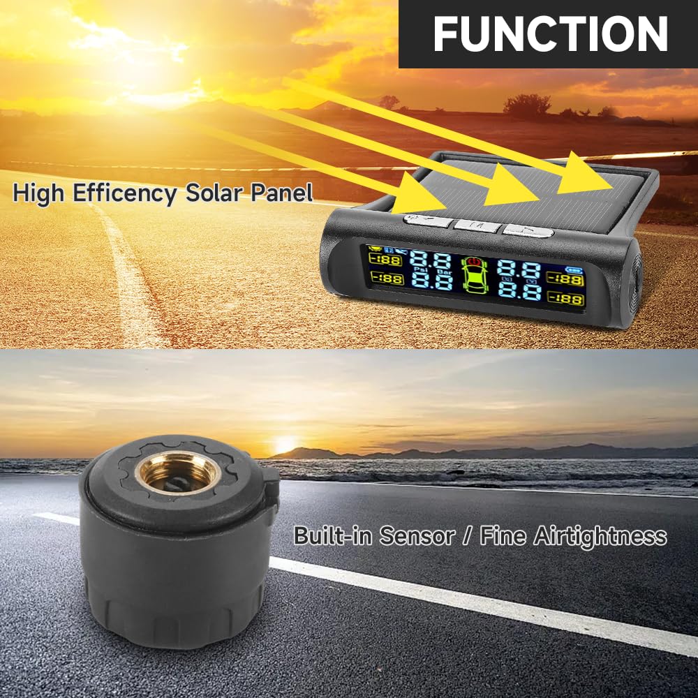 Tire Pressure Monitoring System Wireless Solar Power and USB Charger Monitor, Colorful LCD Display, TPMS with 4 Sensors & 5 Alar