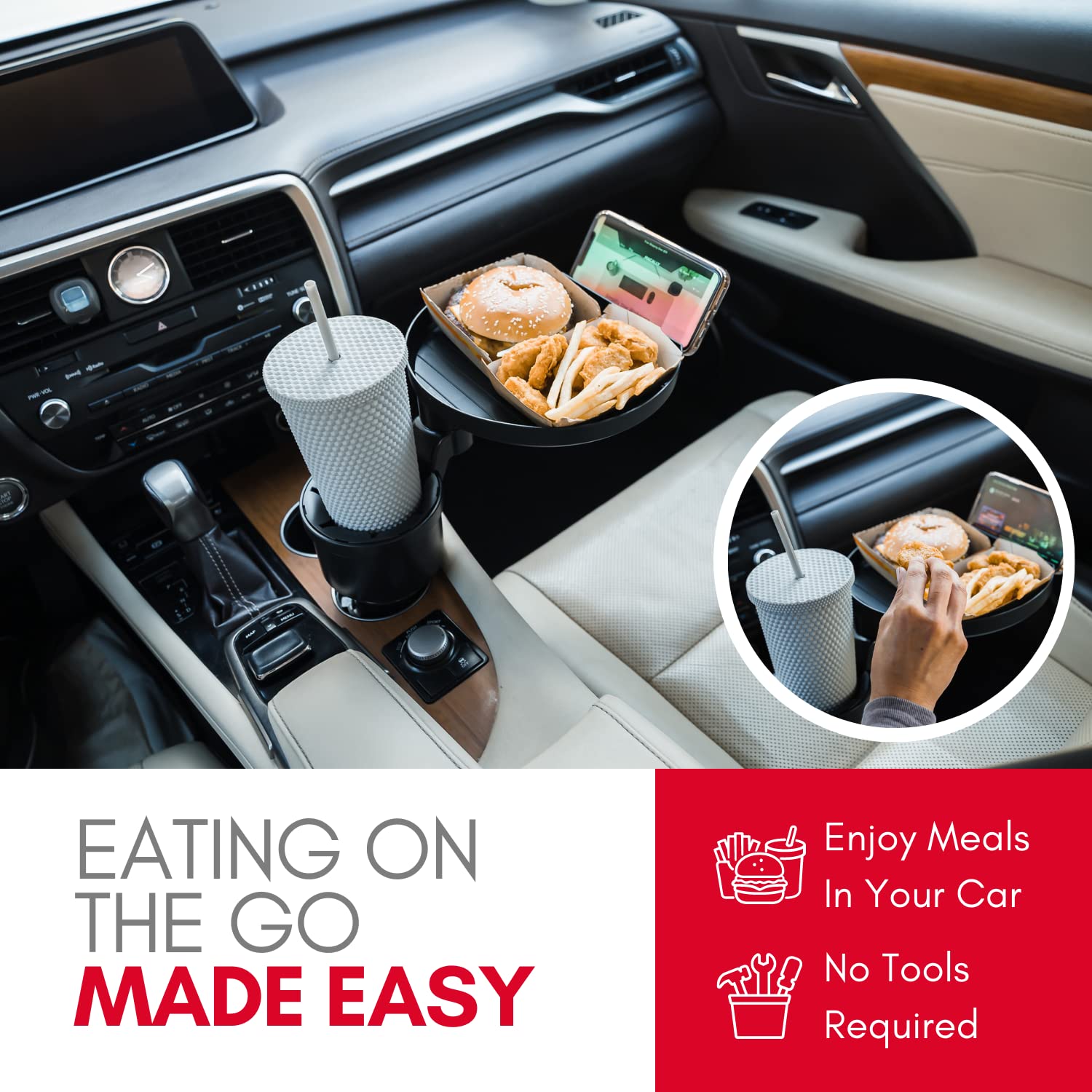 Macally Car Cup Holder Tray - 9" Food Tray & Drink Holder - Black, Pro Size, Fits Yeti & Hydroflask, Model MCUPEXPANDER