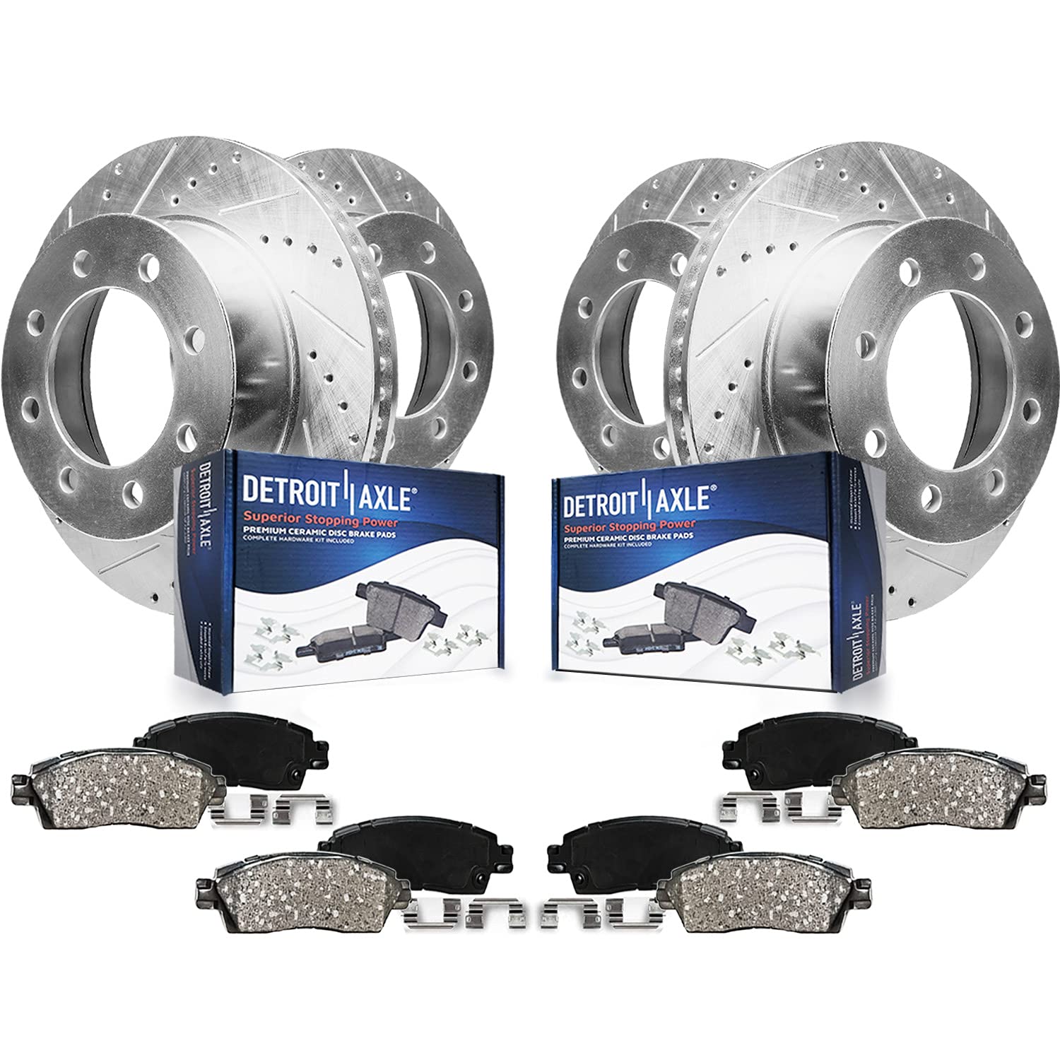 Detroit Axle - 8pc Brake Kit for Chevy GMC Express Savana 2500 3500 [SRW], Drilled and Slotted Disc Brake Rotors Ceramic Brakes 
