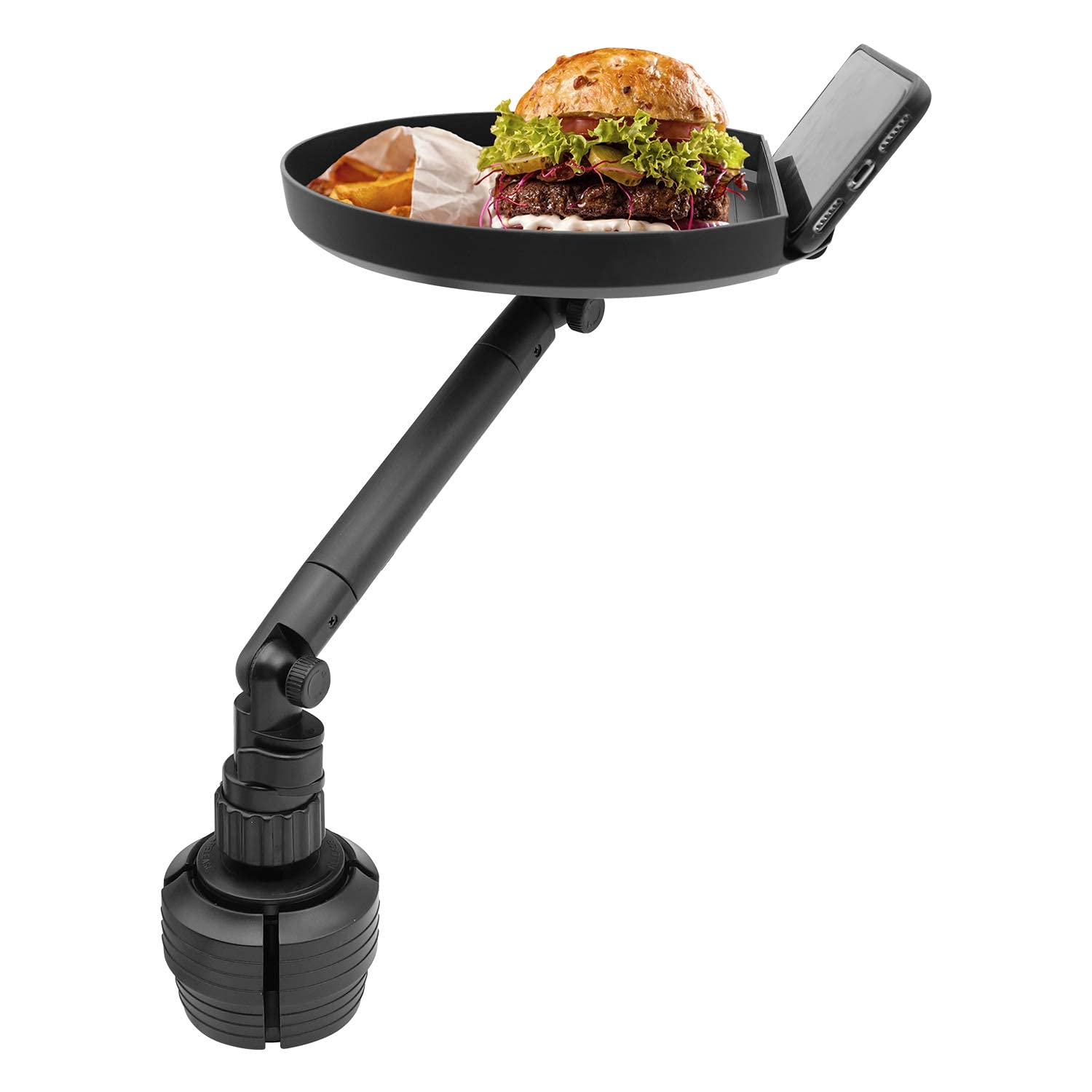 Macally Cup Holder Tray For Car - Adjustable Car Tray Table - Perfect Car Food Tray For Eating With Phone Slot And Swivel Arm - Car Organizer