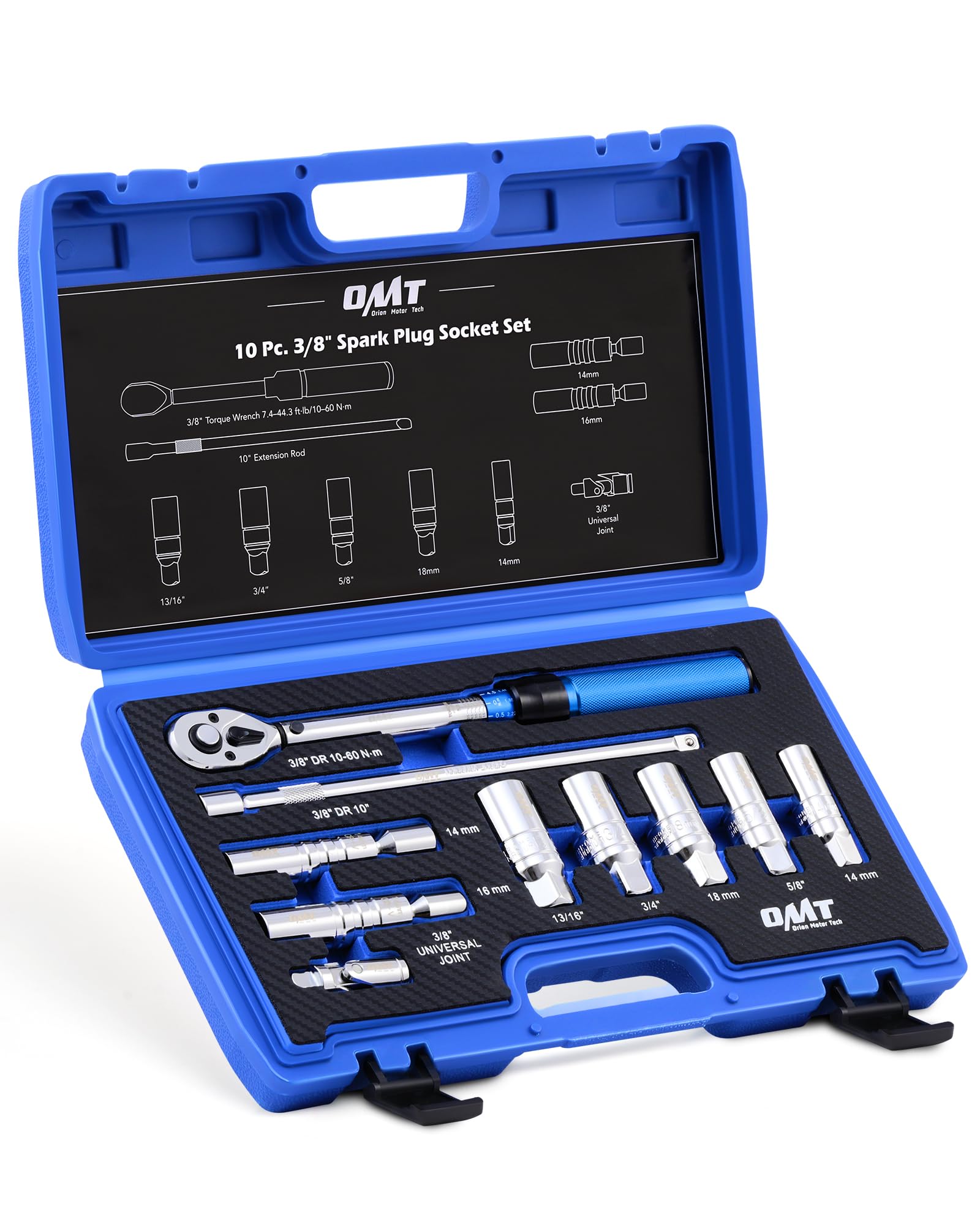 Orion Motor Tech 10pc 3/8 inch Drive Spark Plug Socket Set with 72 Tooth Click Torque Wrench, Magnetic Swivel Sockets, Universal
