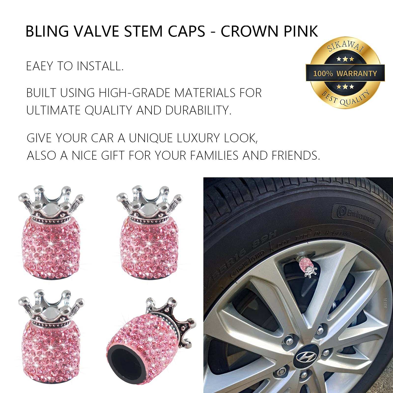 Sikawai Crown Bling Valve Stem Caps Tire Caps Sparkling Handmade Crystal Rhinestone Universal Car Tire Valve Caps Chrome,Attract