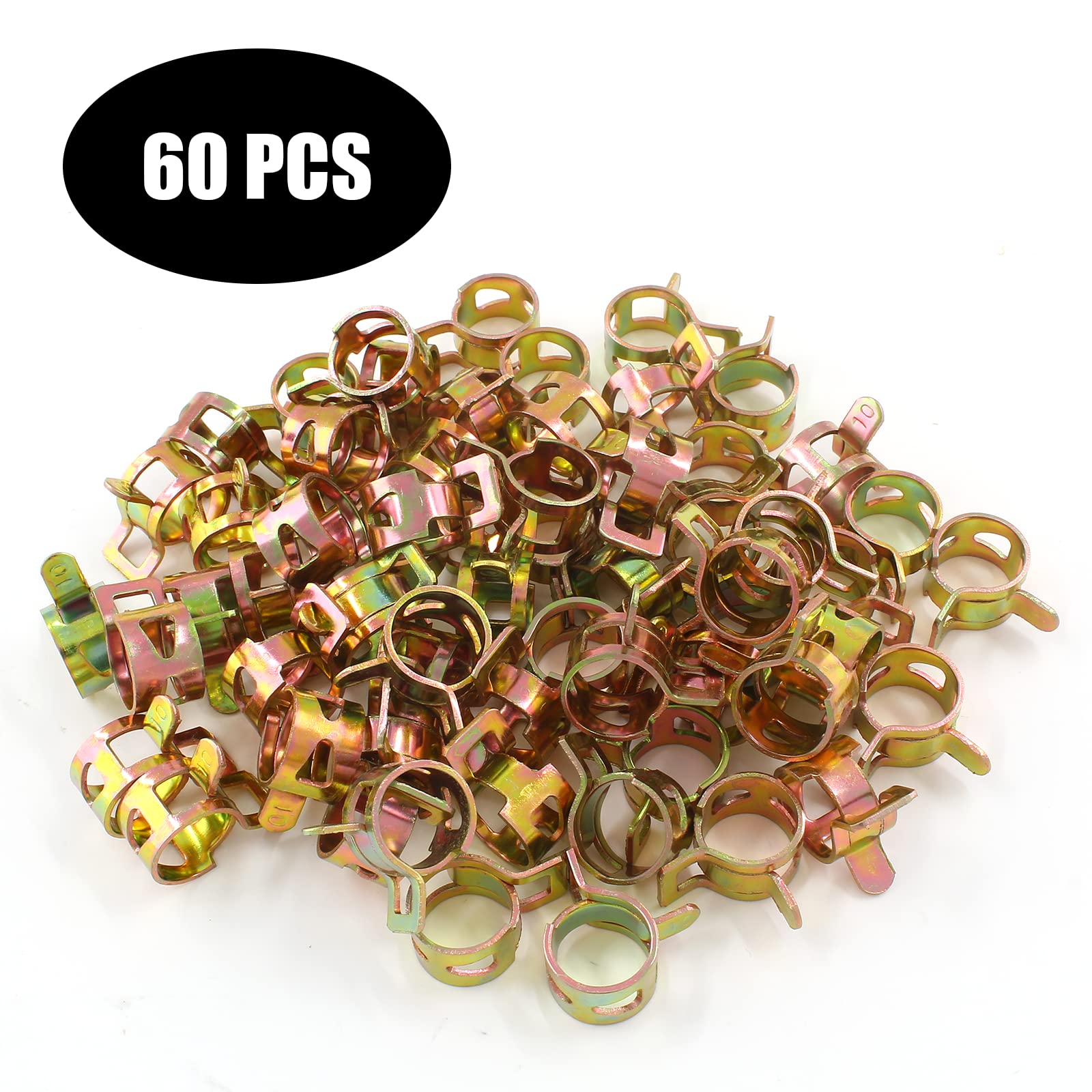 Rierdge 60 Pcs 10Mm Id Spring Band Type Clamps, 3/8'' Fuel Hose Clamps Fasteners, Golden Spring Hose Clip For Fuel Hose Line Wat