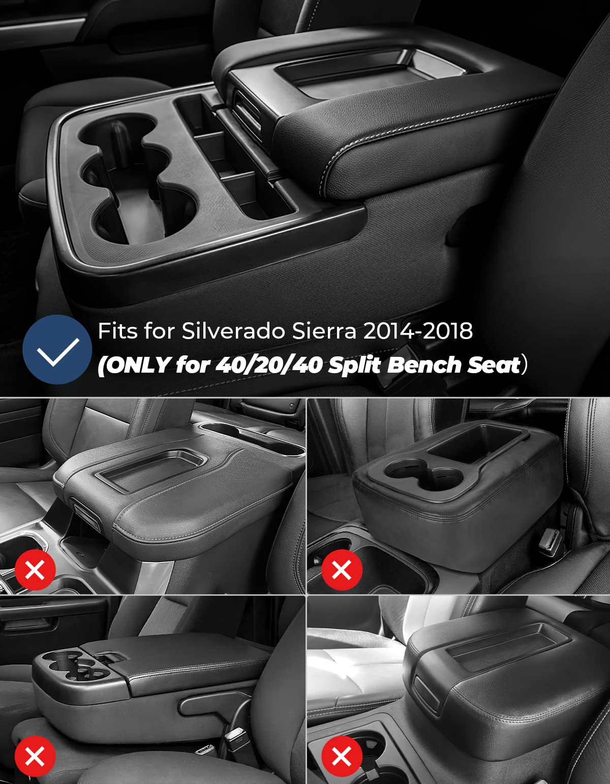 ISSYAUTO Leather Center Console Cover for Silverado Sierra 2014-2018, Jump Seat, Black, Model A1926-02901, Compatible with Split Bench Seat