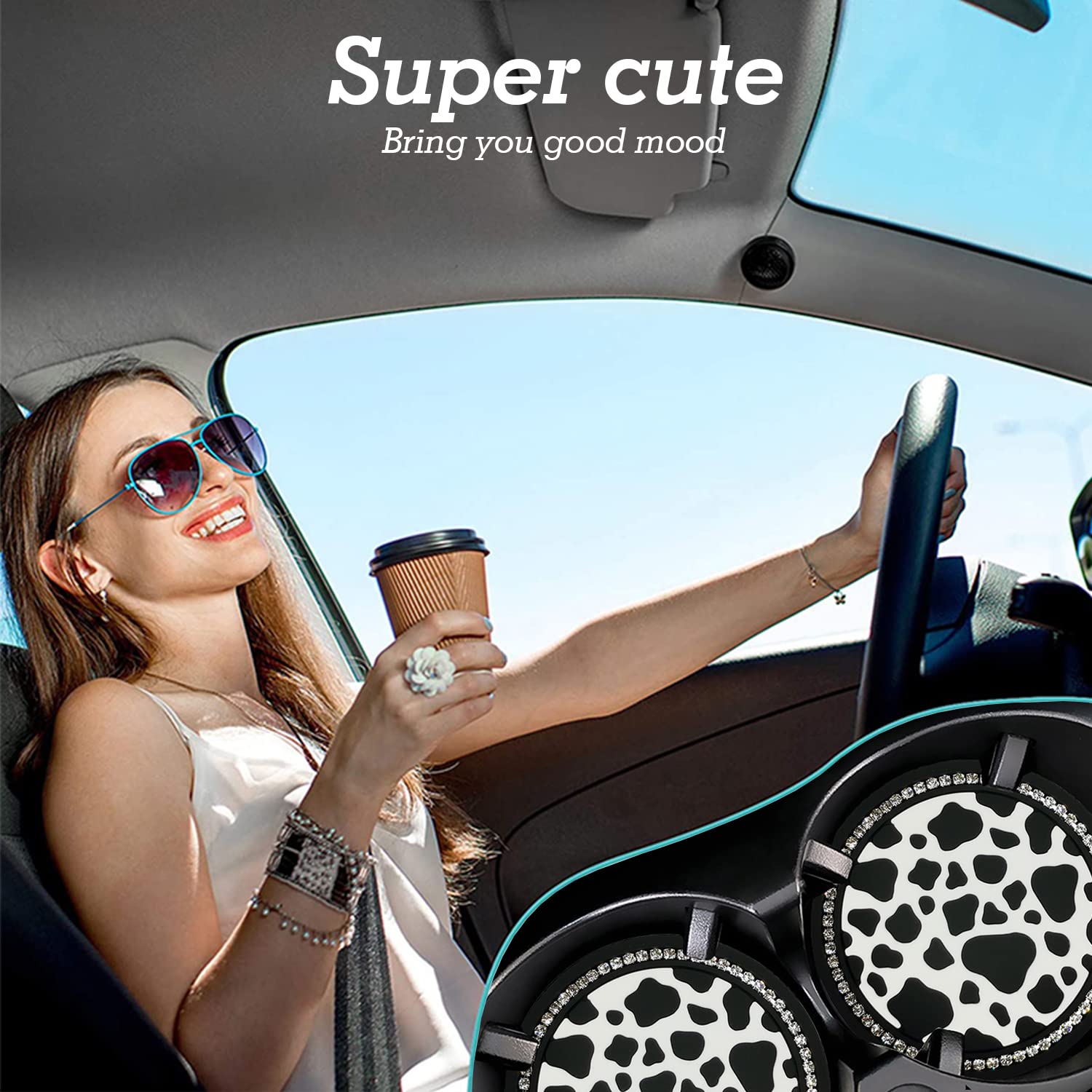 2Pcs Bling Cow Print Car Accessories For Women, Universal Auto Cute Anti Slip Cup Holder Insert Coaster