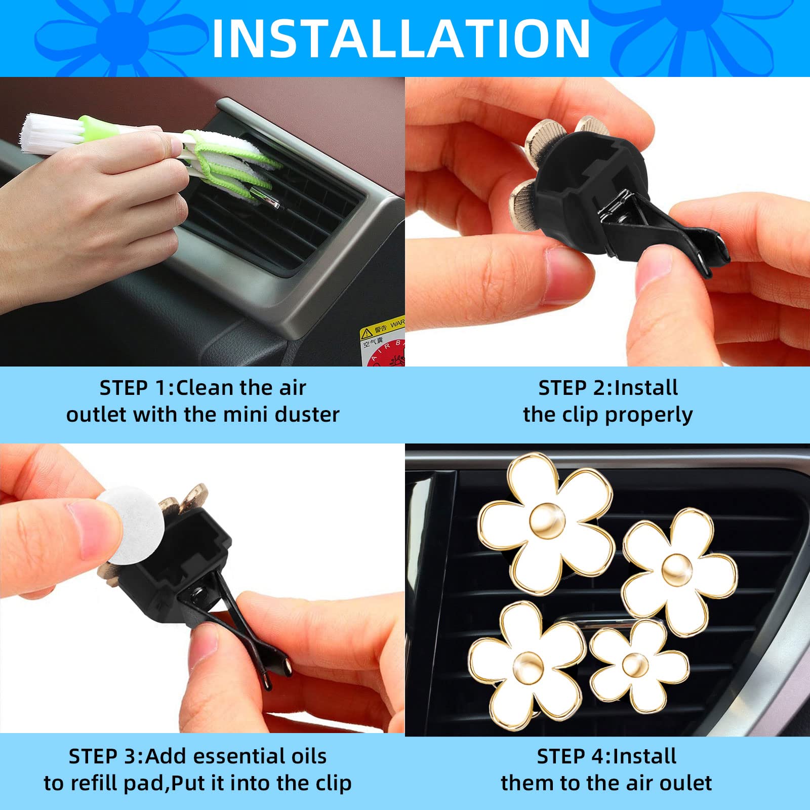 Daisy Flower Air Vent Clip - Colorful Car Accessories for Women Interior, Cute Set, White