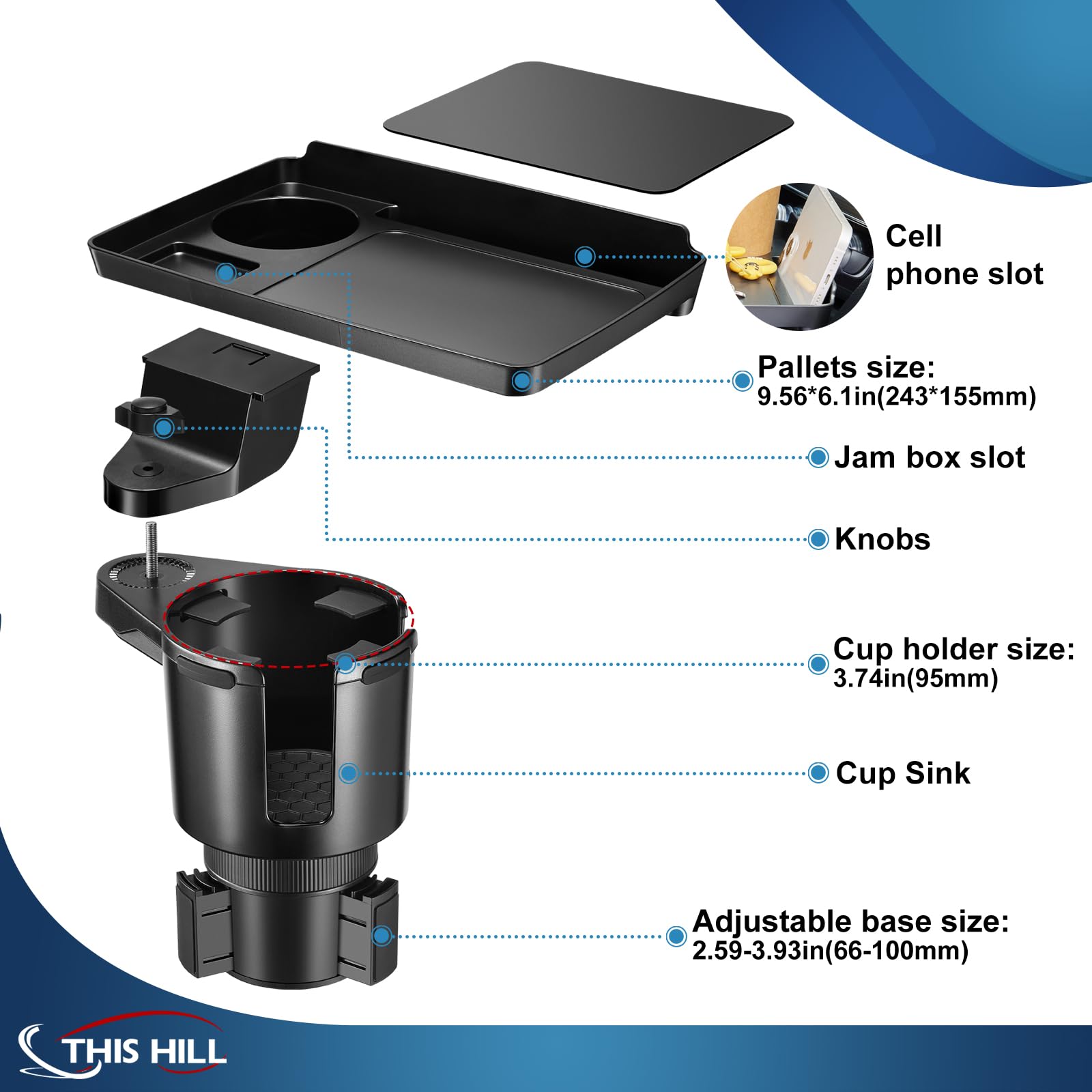 This Hill Cup Holder Tray for Car, 2 in 1 Detachable Car Food Table Tray with Solid Base & Phone Slot,Car Cup Holder Expander wi