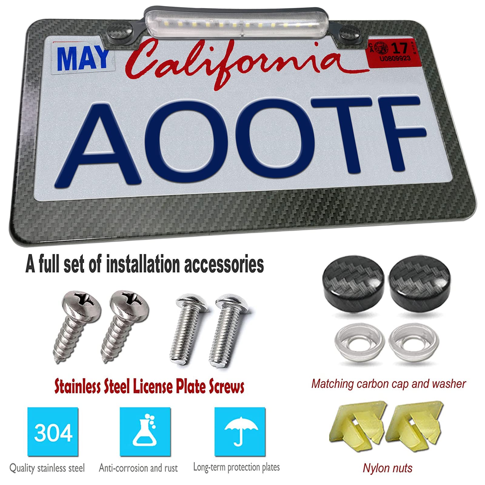 Aootf License Plate Frame With Light Bar Assembly- License Plate Light Lamp Bulbs & Aluminium Carbon Fiber Car Tag Holder Mount