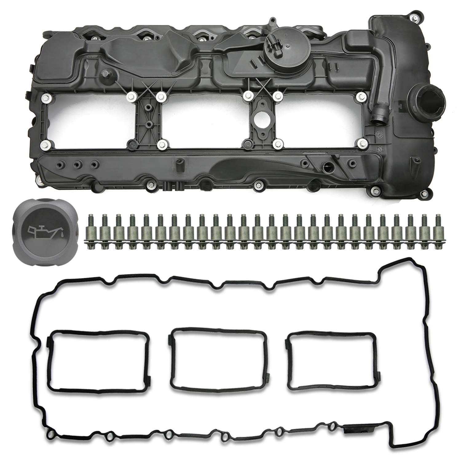 Mitzone N55 Engine Valve Cover With Gasket Bolts Kit & Oil Cap For Bmw 2010-2017 335I 535I 2011-2019 X5 X3 X6 2013-2015 740I 740