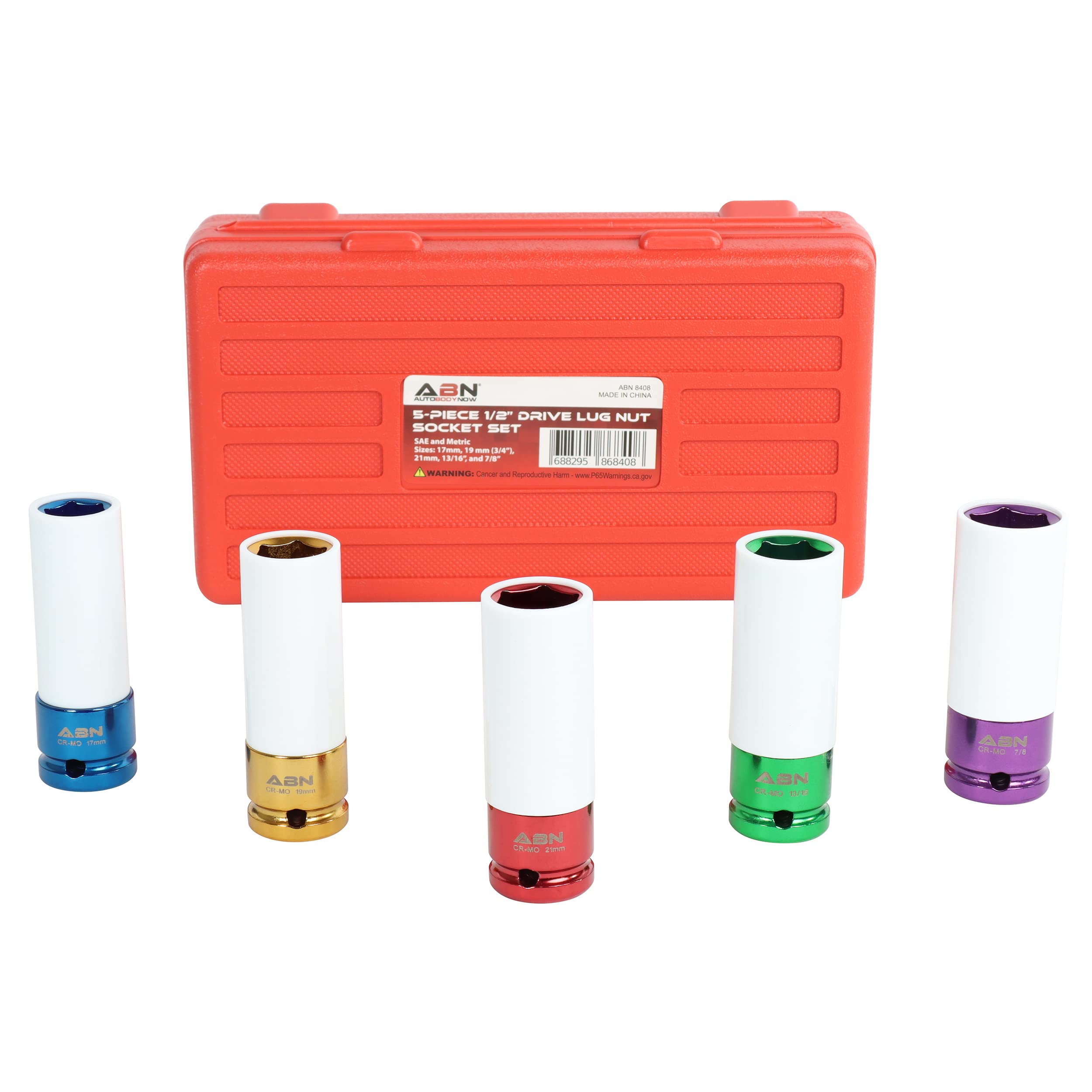 ABN 1/2in Impact Drive Lug Nut Socket 5-Piece Set - Non-Marring, Color-Coded, Thin-Walled Wheel Rim Protectors