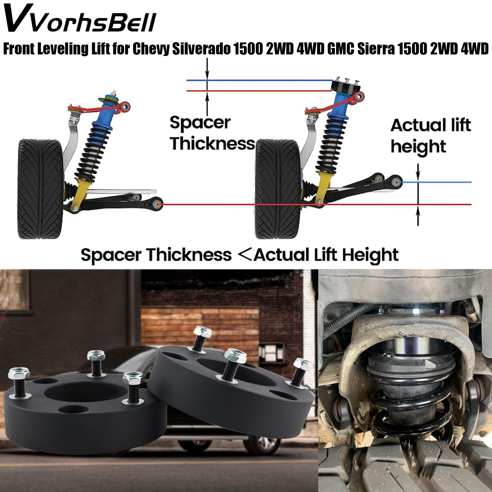 VVORHSBELL 2'' Front Leveling Lift Kit Compatible with 2007-2023 Chevy Silverado 2WD 4WD GMC Sierra 1500 2WD 4WD, Suspension Lev