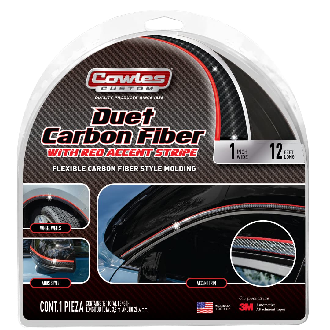 Cowles Custom - 12 Ft Of Carbon Fiber Style With Red Accent Molding - 1 In Wide Pvc Molding Car/Truck/Suv/Rv Universal Fit Exter