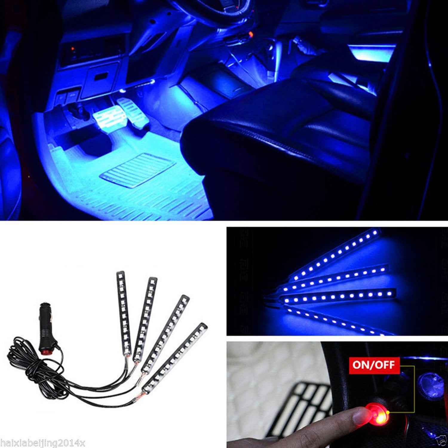 EJ's SUPER CAR LED Strip Lights - 4pcs 36 LED Waterproof Interior Lighting Kit, Blue, Model EJ-light strips, DC 12V
