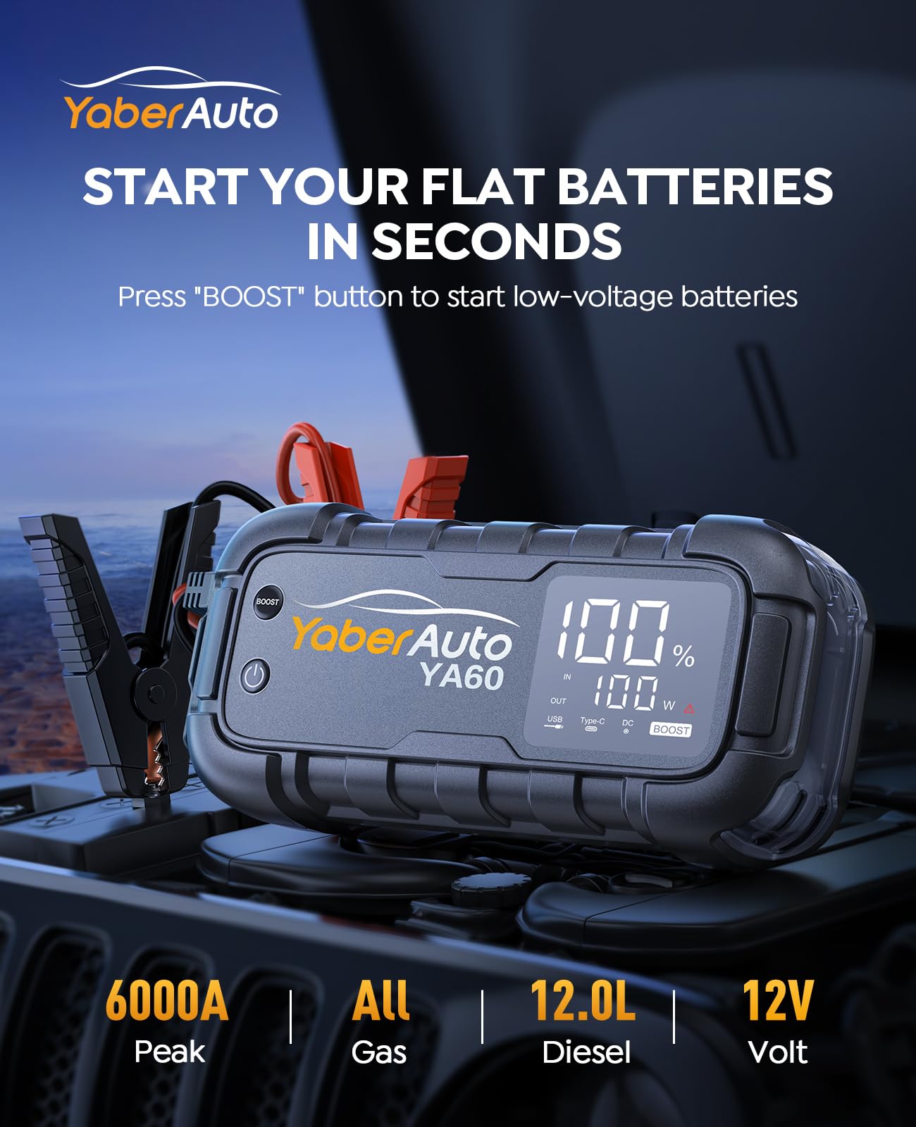 YaberAuto Portable Car Battery Jump Starter 7000A, 65W Fast Charging, Light Grey, Model YA60, Ideal for All Gas/12.0L Diesel Vehicles