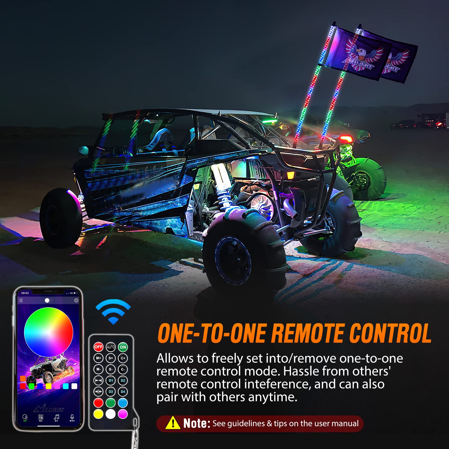 Nilight 2PCS 3FT RGB LED Whip Light, Remote & App Control w/DIY Chasing Patterns Stop Turn Reverse Light Safety Antenna Lighted