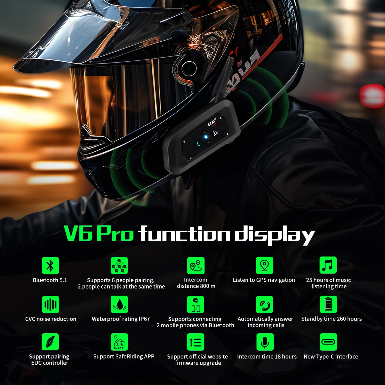 Ejeas Motorcycle Helmet Bluetooth Headset V6 Pro, 2-Way 1200M Motorbike Intercom Communication System For Ski/Atv/Dirt Motorbike