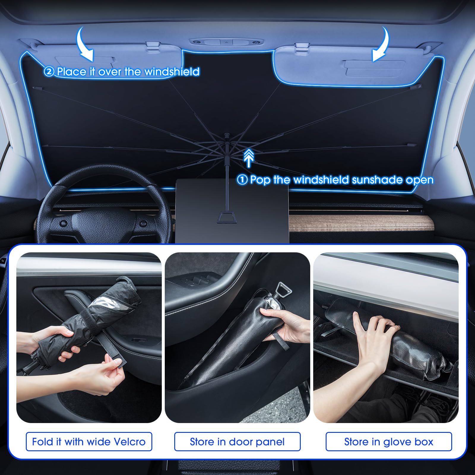 Helloleiboo Foldable Car Windshield Sun Shade Umbrella 360Rotating 55 ''X30 ''Sunshade For Car Windshield Front Window Reflectiv