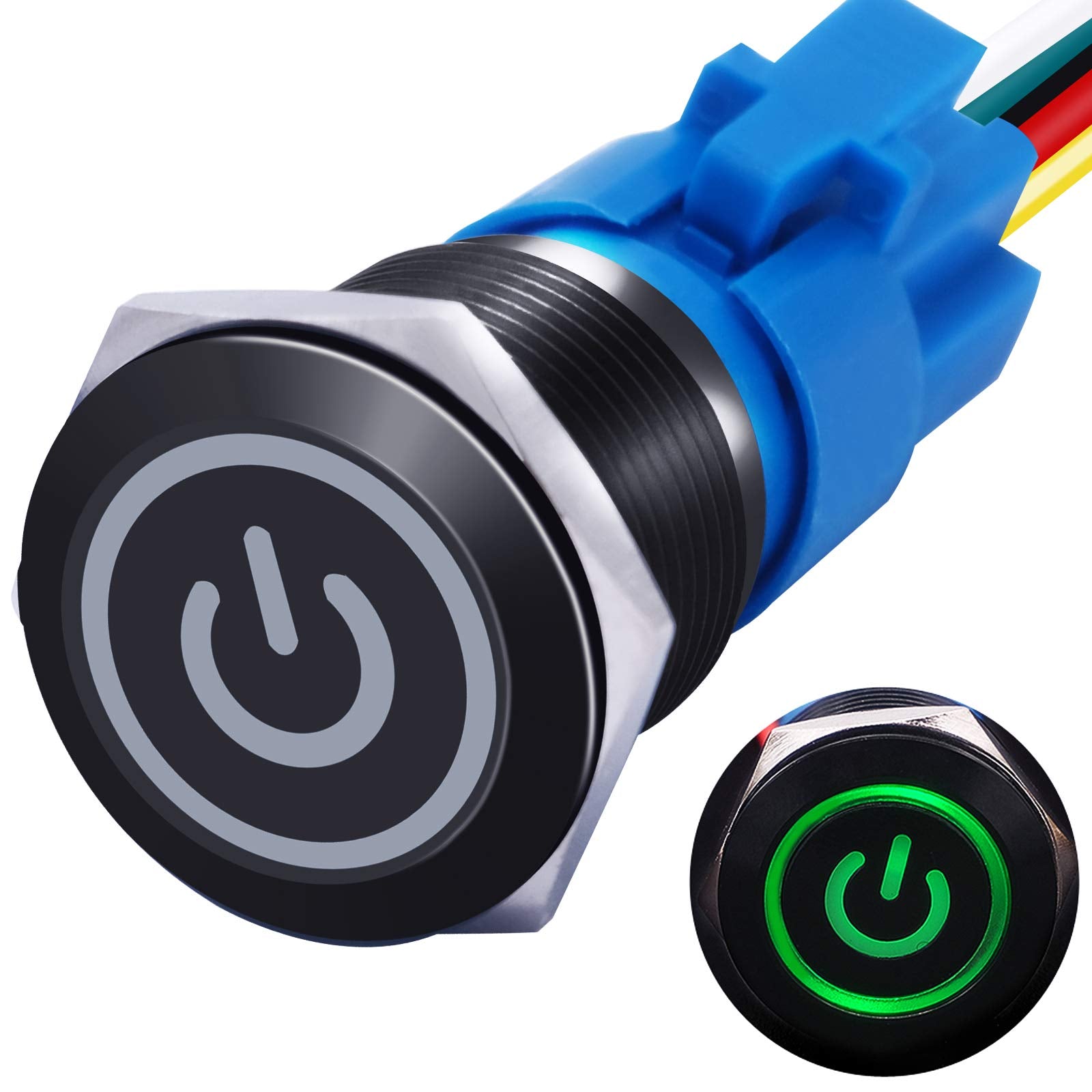 Mxuteuk 19Mm Waterproof Latching Push Button Switch 12V On/Off Switch 1No 1Nc Spdt Black Metal With Green Power Symbol Light With Wire Suitable For 3/4" Mounting Hole For Car Marine Rv L-19-Power-B-G