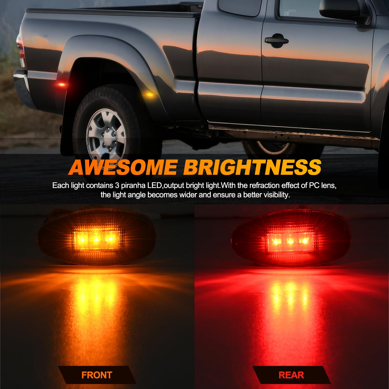 Nilight Fender Side Marker Lights 4 Pcs 3 Led Smoke Lens Red Amber Front Rear Clearance Light Compatible With 2001-2014 Chevy Si