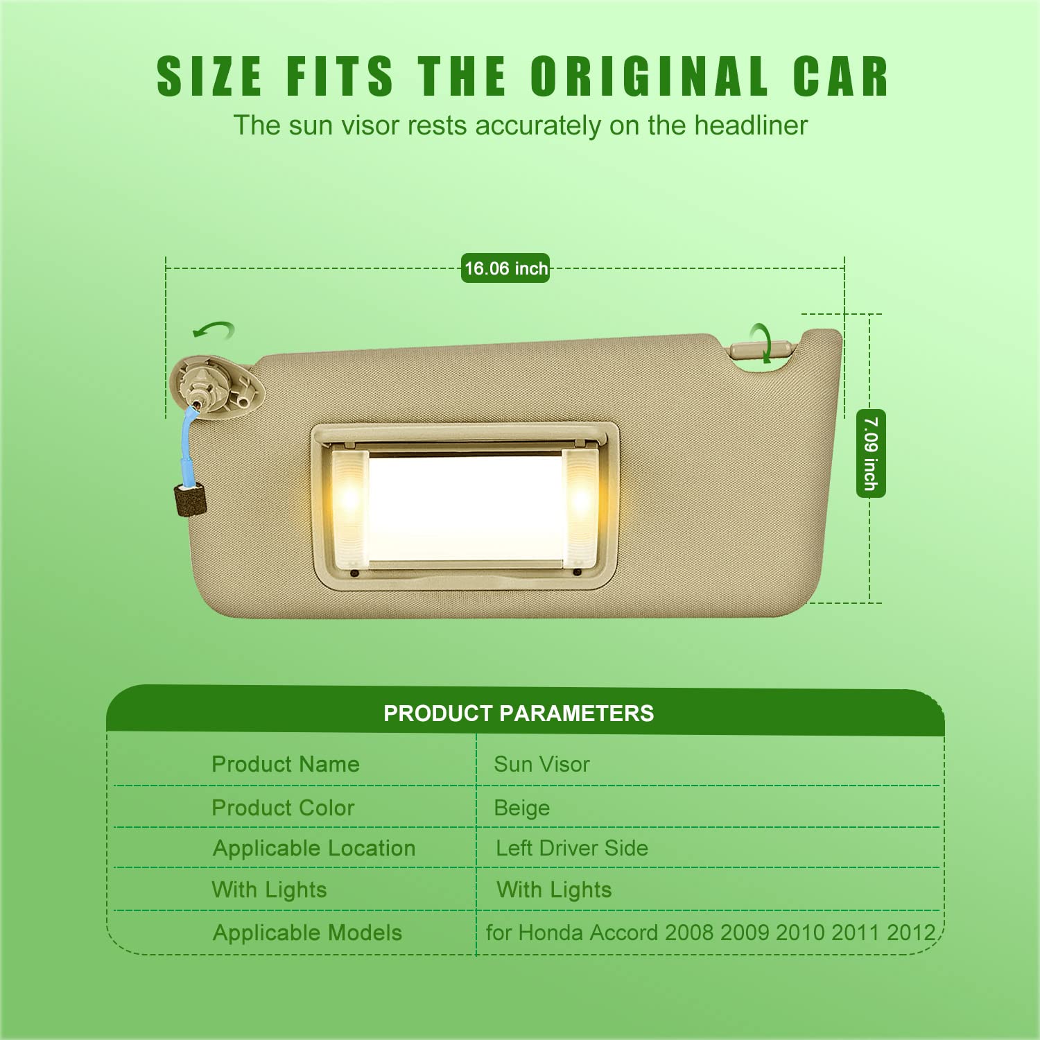 Left Driver Side Sun Visor For Honda Accord 2008 2009 2010 2011 2012 2013 2014 2015 2016 2017, Replacement Assembly 83280-Ta5-A7