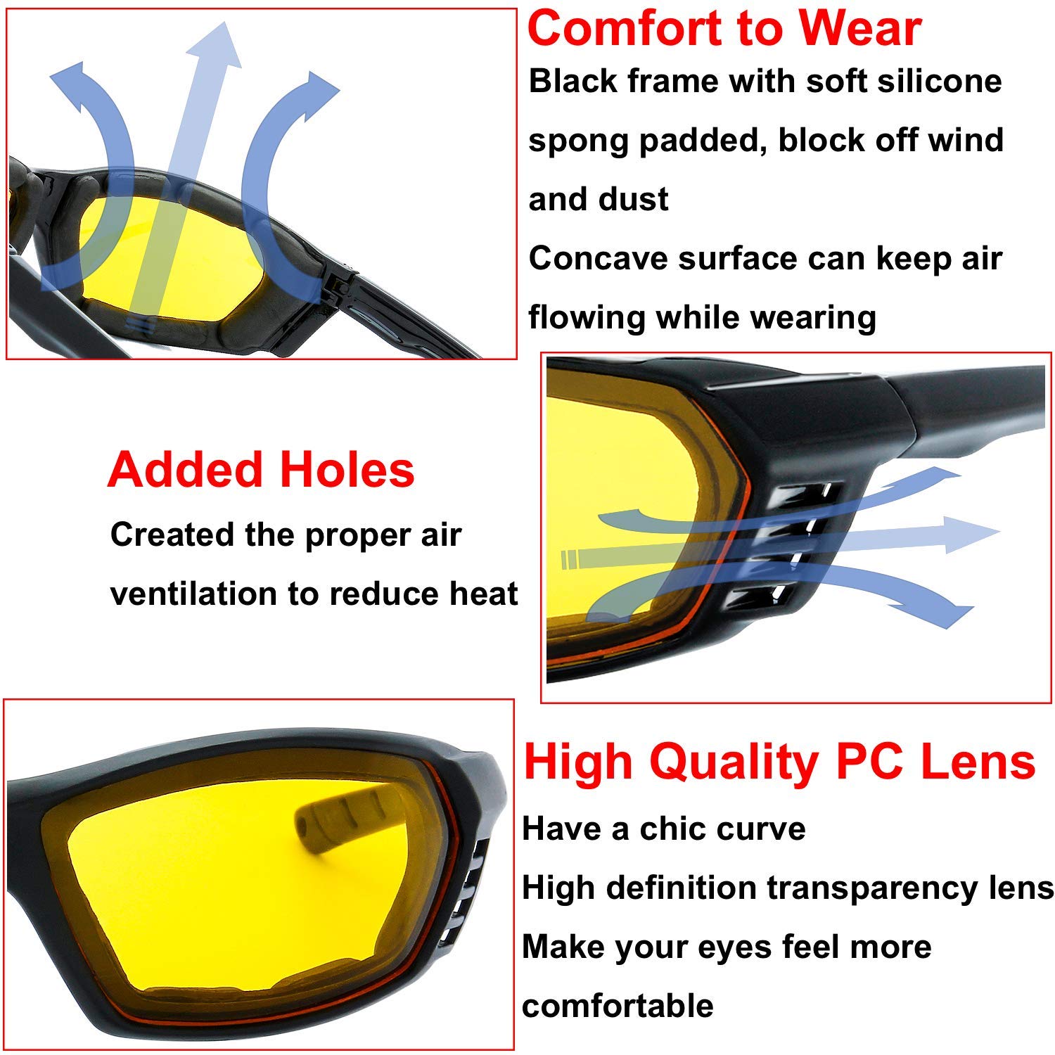 The Fresh Motorcycle Riding Glasses Padded Frame Lens Block 100% Uvb For Outdoor Activity Sport (27-Black, 3 Pairs Of Yellow)