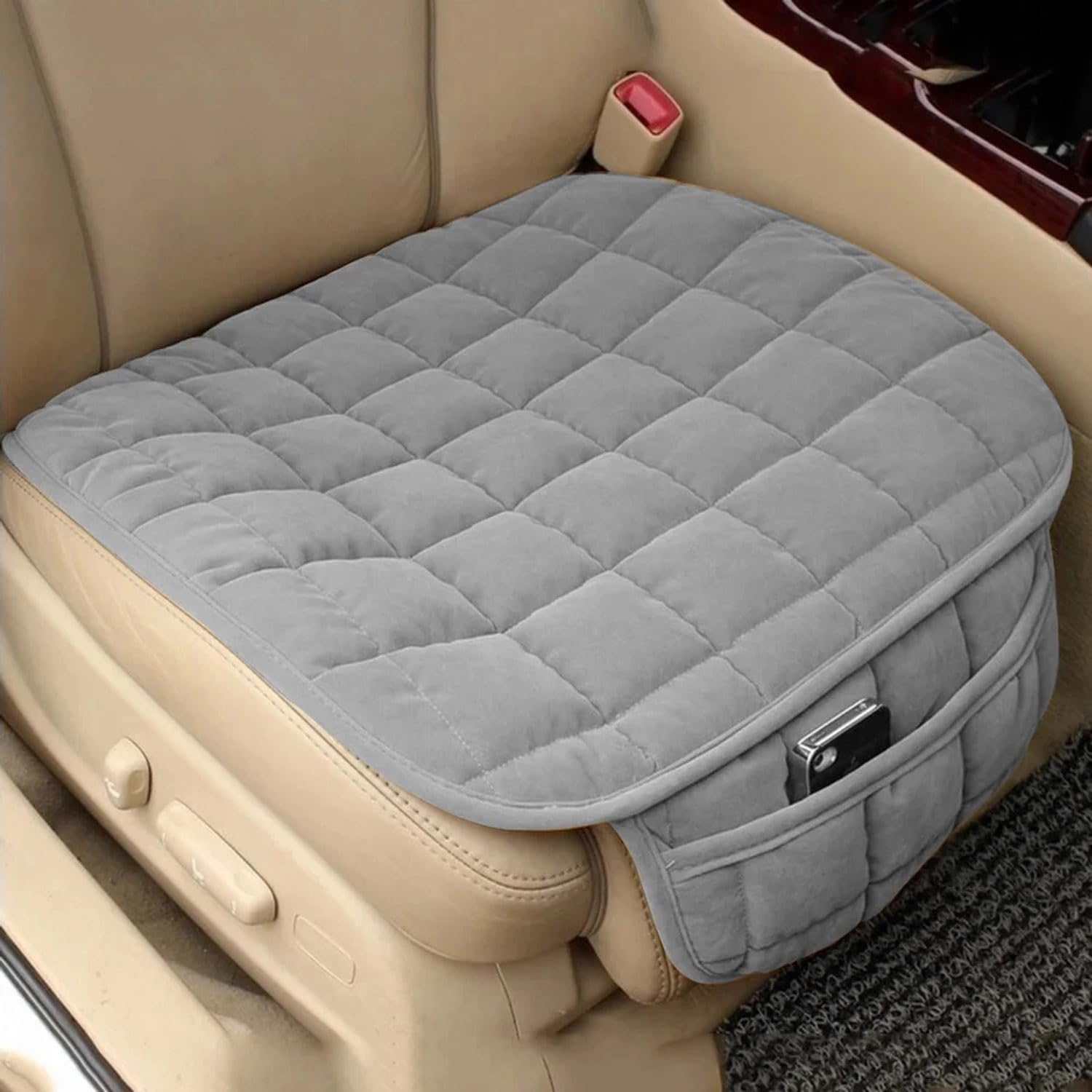 BROGBUS Car Seat Cushion Pad with Memory Foam Support, NonSlip Universal Seat Cover with Storage Pocket for Cars SUV Office Cha