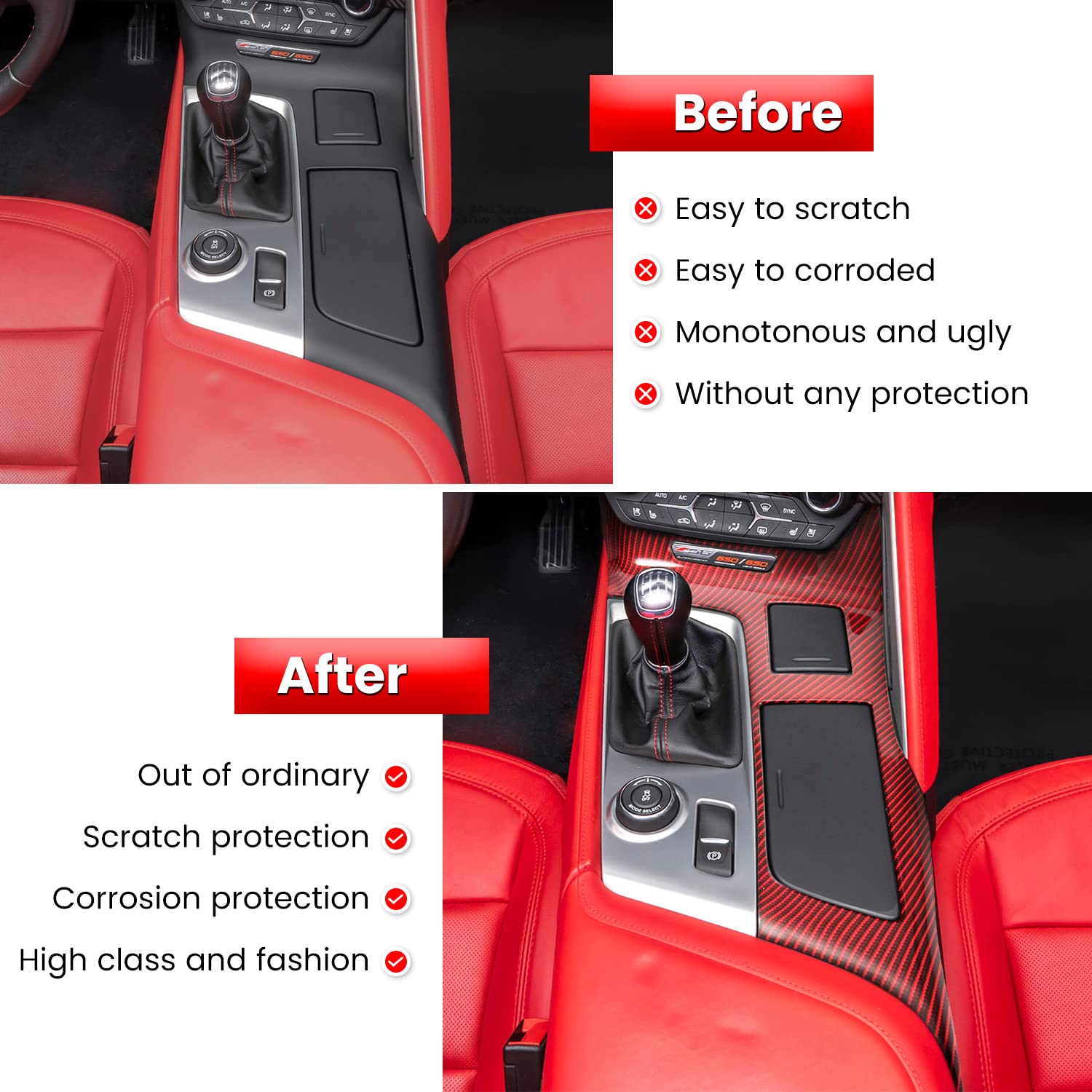 E-cowlboy Carbon Fiber Look Control Gears Panel Cover for Chevrolet Corvette C7 Z06/Z51/ZR1 2014-2019 - Red, ABS Material