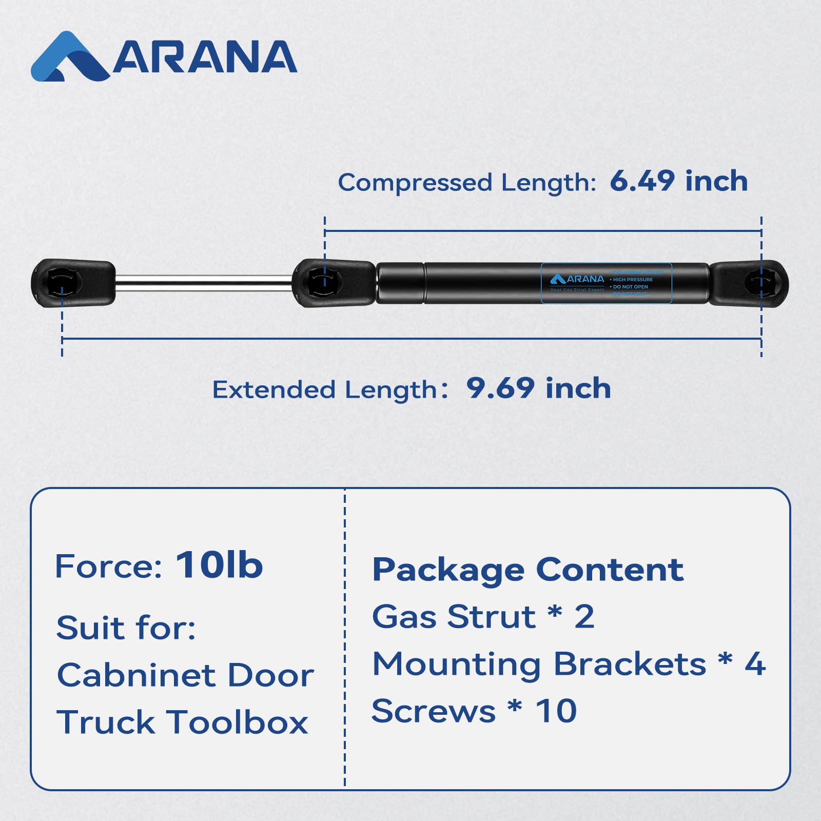 ARANA 10 Inch Gas Struts10 Lb/45 N, Gas Shocks Spring 10'', Tool Box Strut for Cabinets Truck Toolbox Boat Lid Lift Support