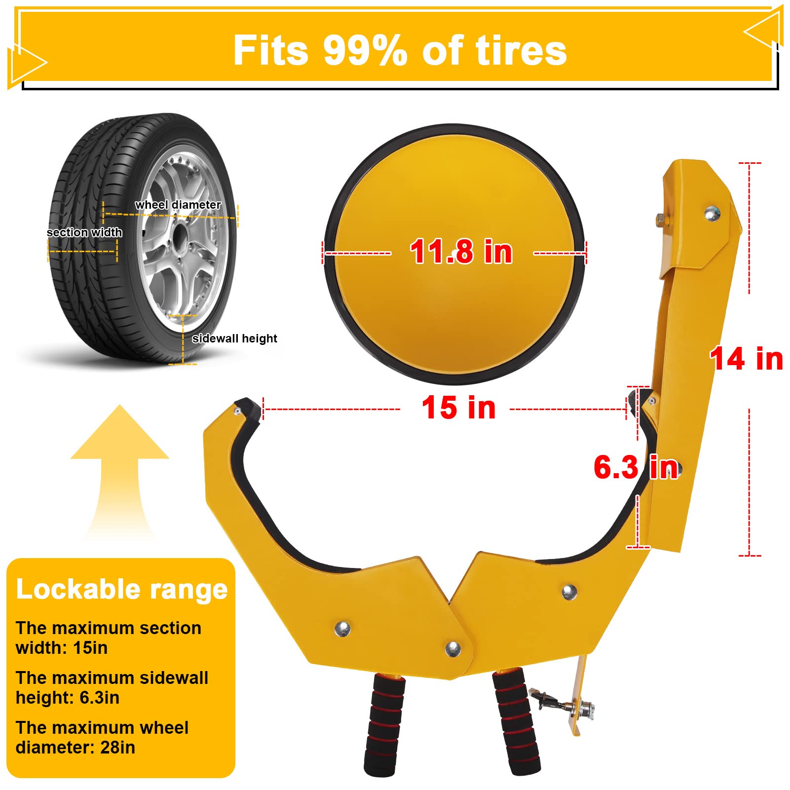 Turnart Wheel Lock Clamp - Adjustable Anti-Theft Tire Boot, Yellow, Aluminum, Model Turnart-619 for Cars, Trucks, RVs