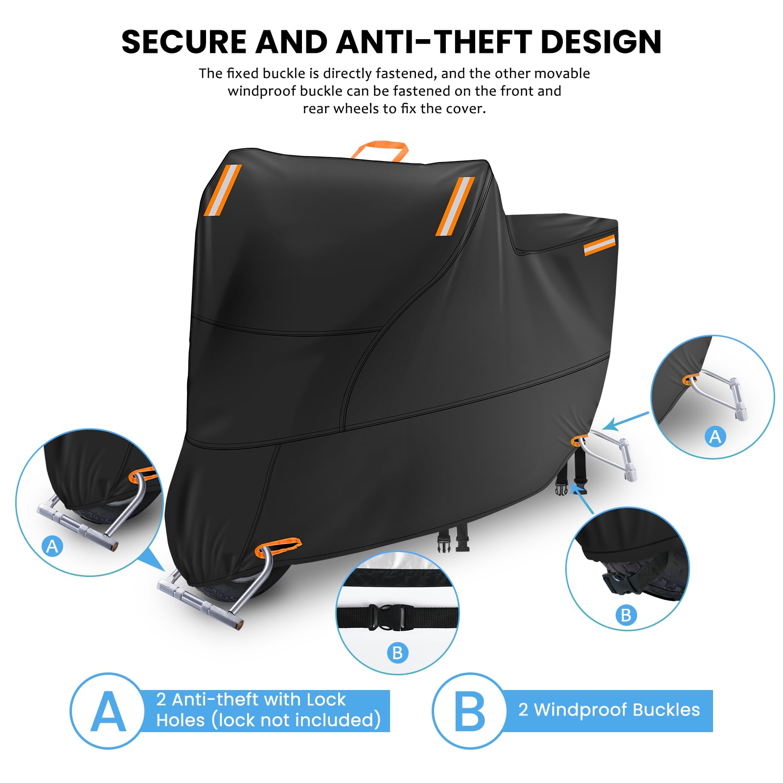 Motor Bike Cover Waterproof Outdoor, Motorbike Scooter Moped Cover Sun Rain Dust Protection with 4 Reflective Strips and 2 Fixed