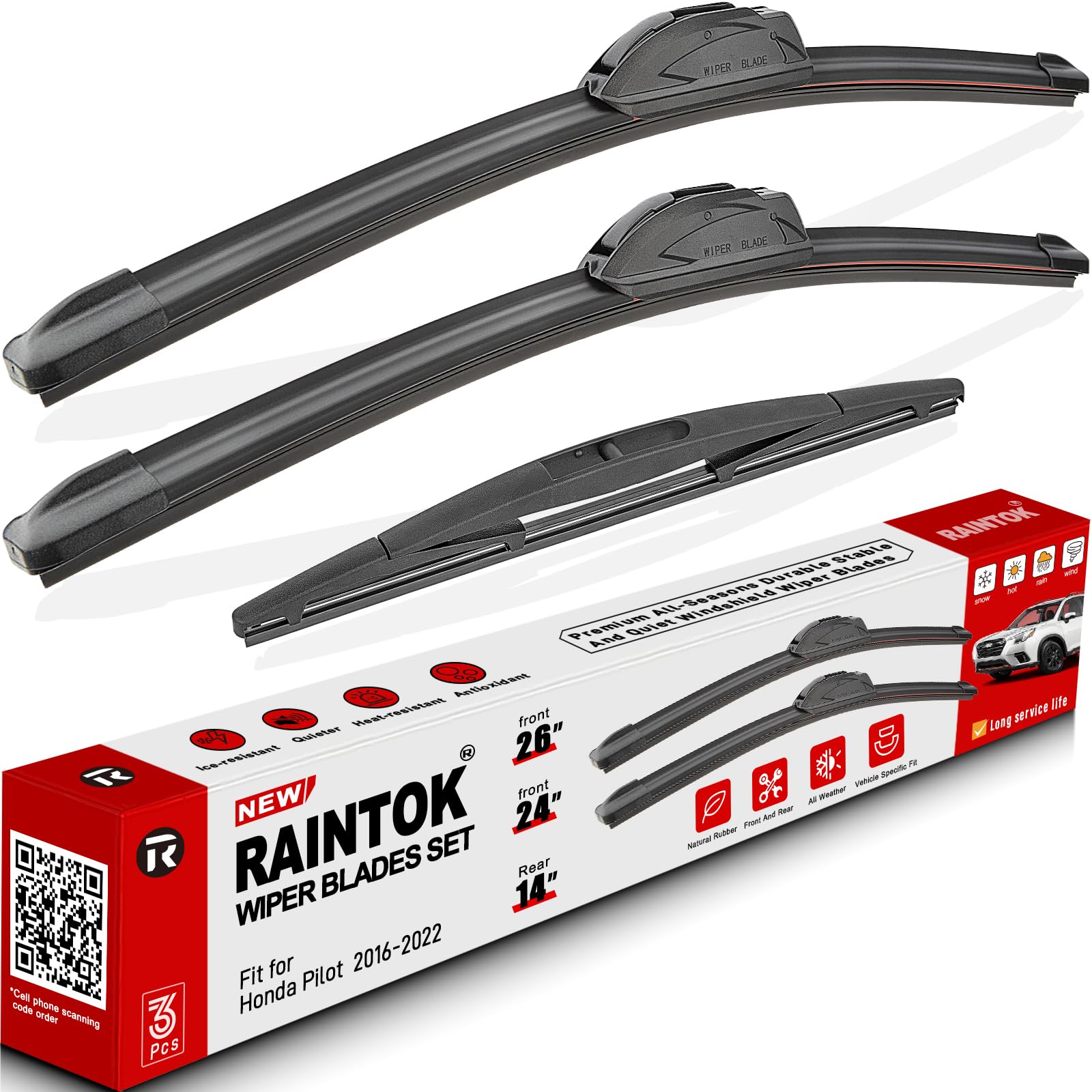 Raintok Windshield Wiper Blade Set Replacement For 2016-2022 Honda Pilot And Rear Windshield Wiper Blade-26''/24''/14'' (Set Of