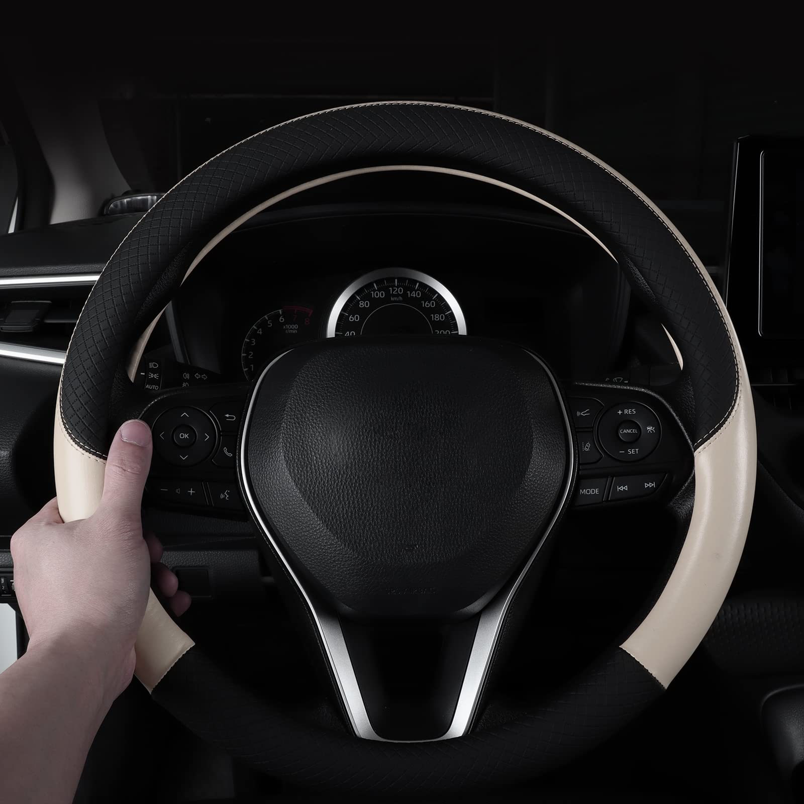 Follicomfy Auto Car Leather Steering Wheel Cover Anti Slip Wrap 15'' (Beige)