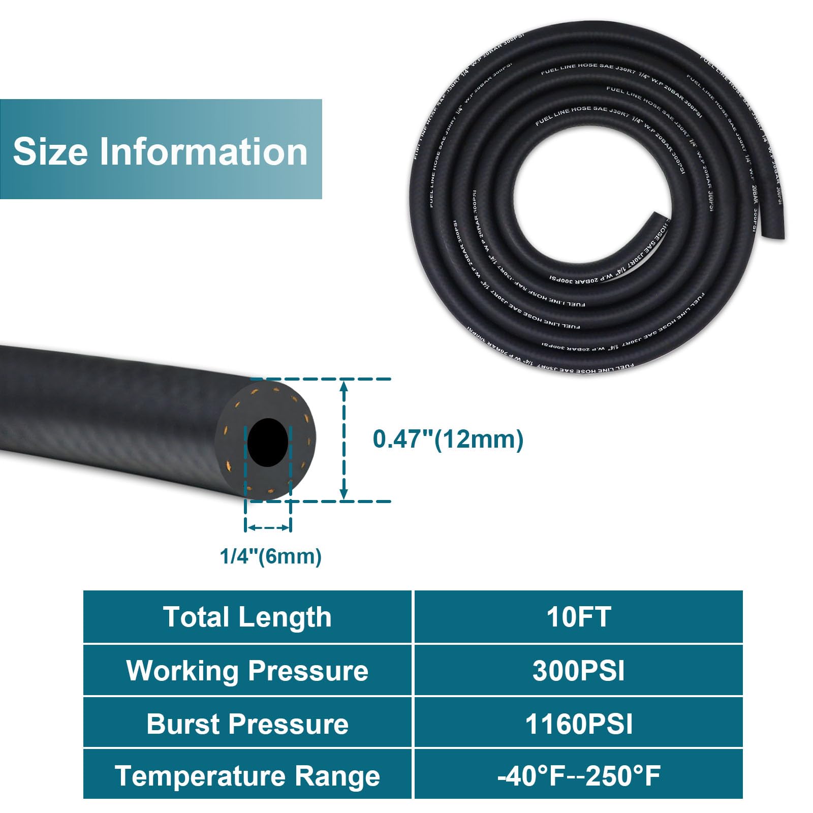VWTNI 1/4" Fuel Line Hose, 10FT NBR Rubber Gasoline Tube, Black