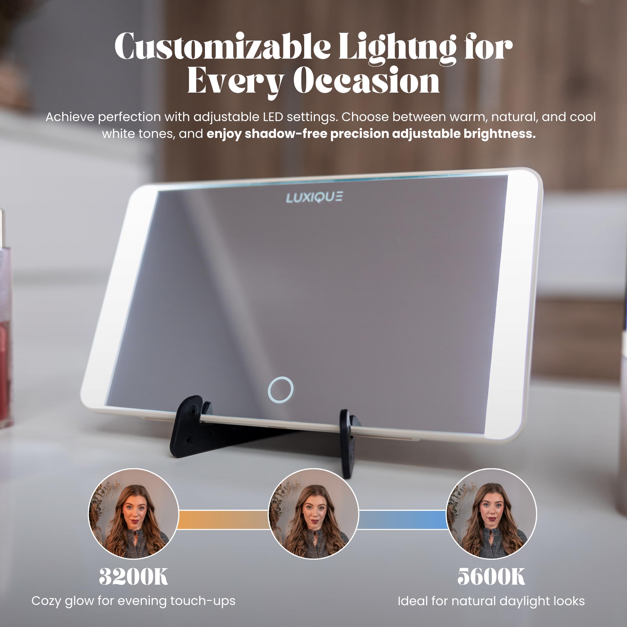 Rechargeable LED Sun Visor Mirror - 3 Dimmable Light Modes, Portable Makeup and Vanity Mirror, Weather-Resistant, Detachable Sta