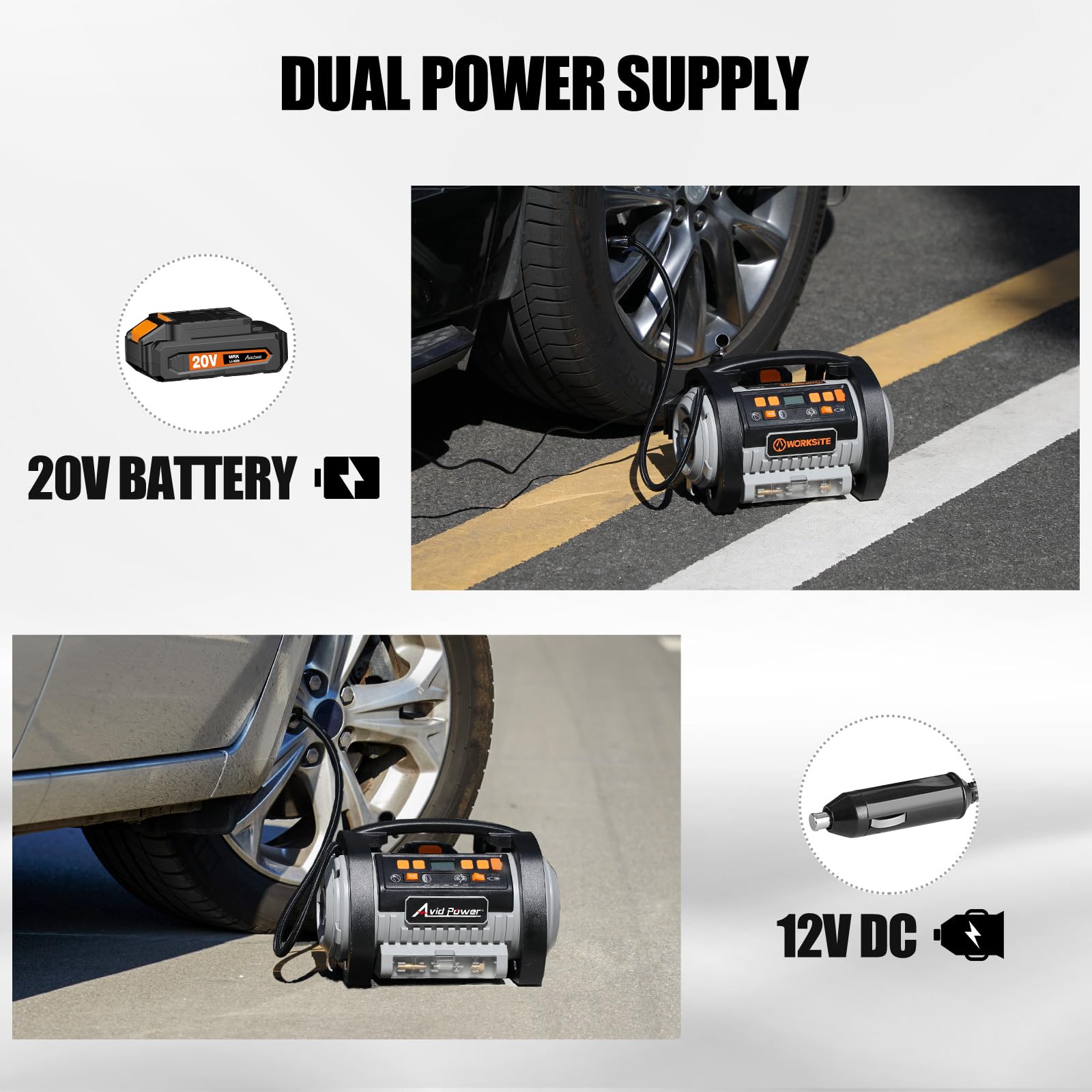 Avid Power Portable Tire Inflator Air Compressor with 20V Battery & 12V Car Adapter - Inflation & Deflation - Grey