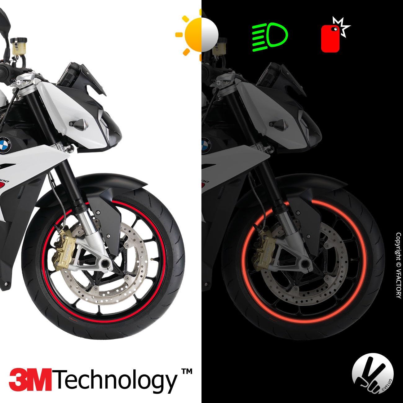 VFLUO - 2 x Motorcycle Reflective Wheel Stripes kit, 2 Wheels Rim Stickers Pack, 3M Technology - High lateral Visibility, Discre