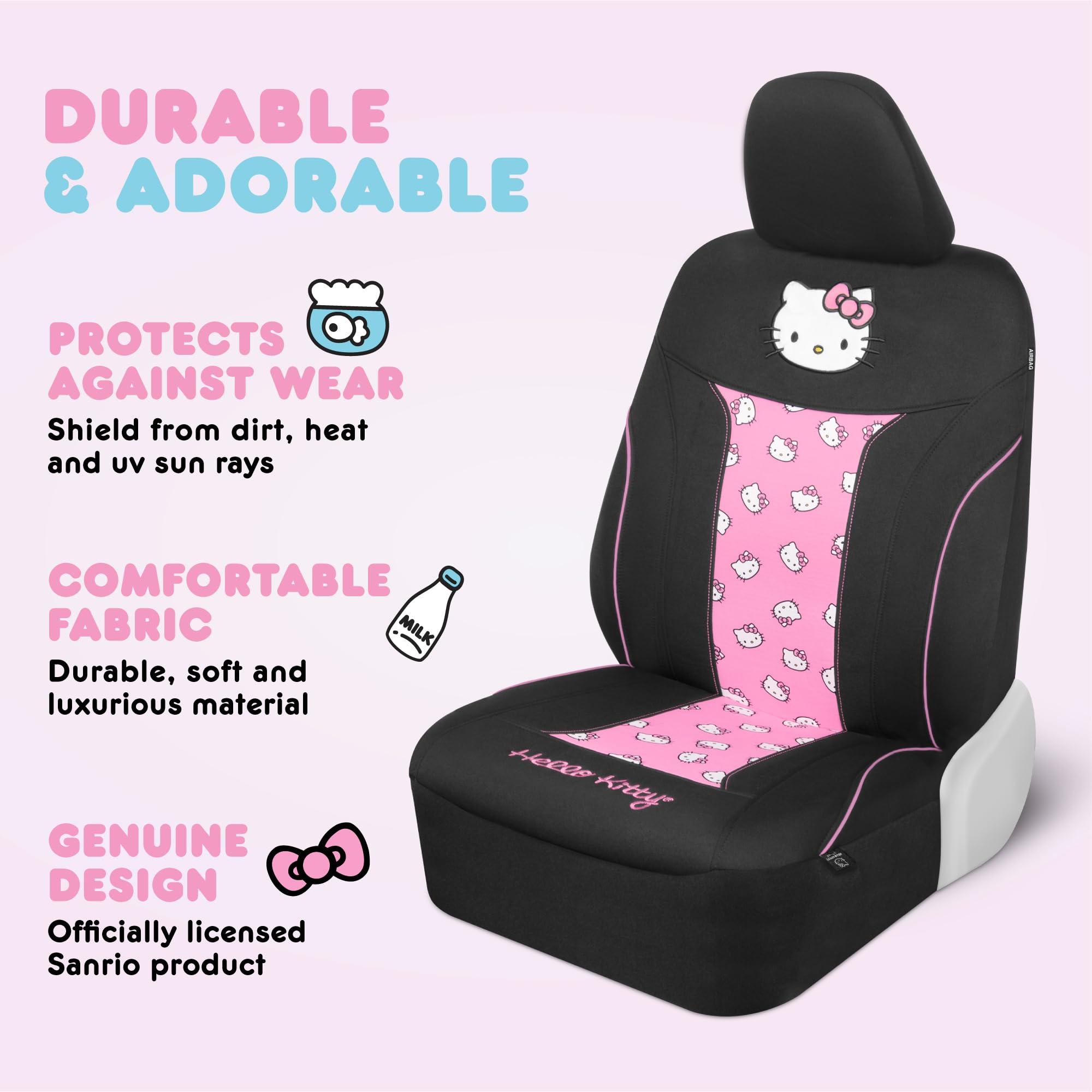 Carbella Hello Kitty Car Seat Covers - Cute Pink Polyester, 2pc Set, Black/Pink, Model SRSC-1104, Durable & Comfortable Automotive Accessories