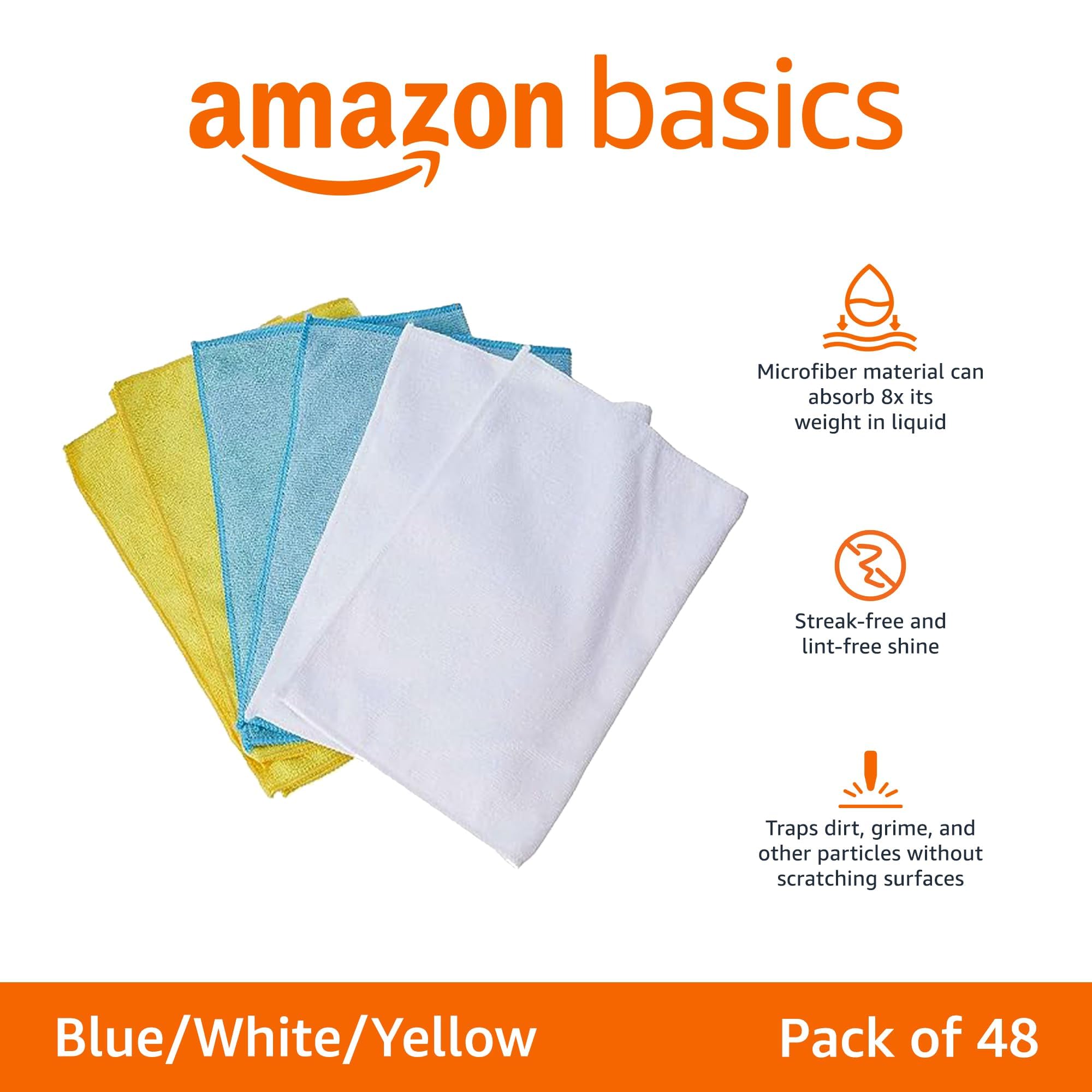 Amazon Basics Microfiber Cleaning Cloths, Non-Abrasive, 48-Pack, 16"x12", Blue/White/Yellow, Model CW190423C