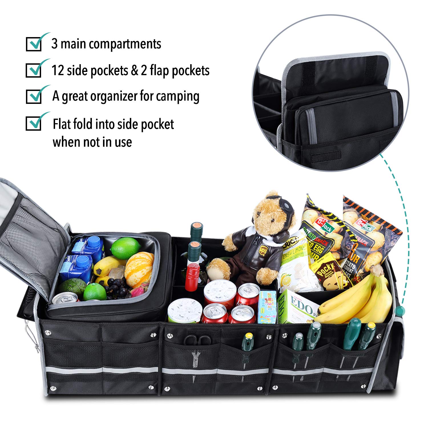 Farasla Waterproof Trunk Organizer with Insulated Cooler Bag, 4-in-1, Black, Model Farasla02, Foldable, Adjustable Straps