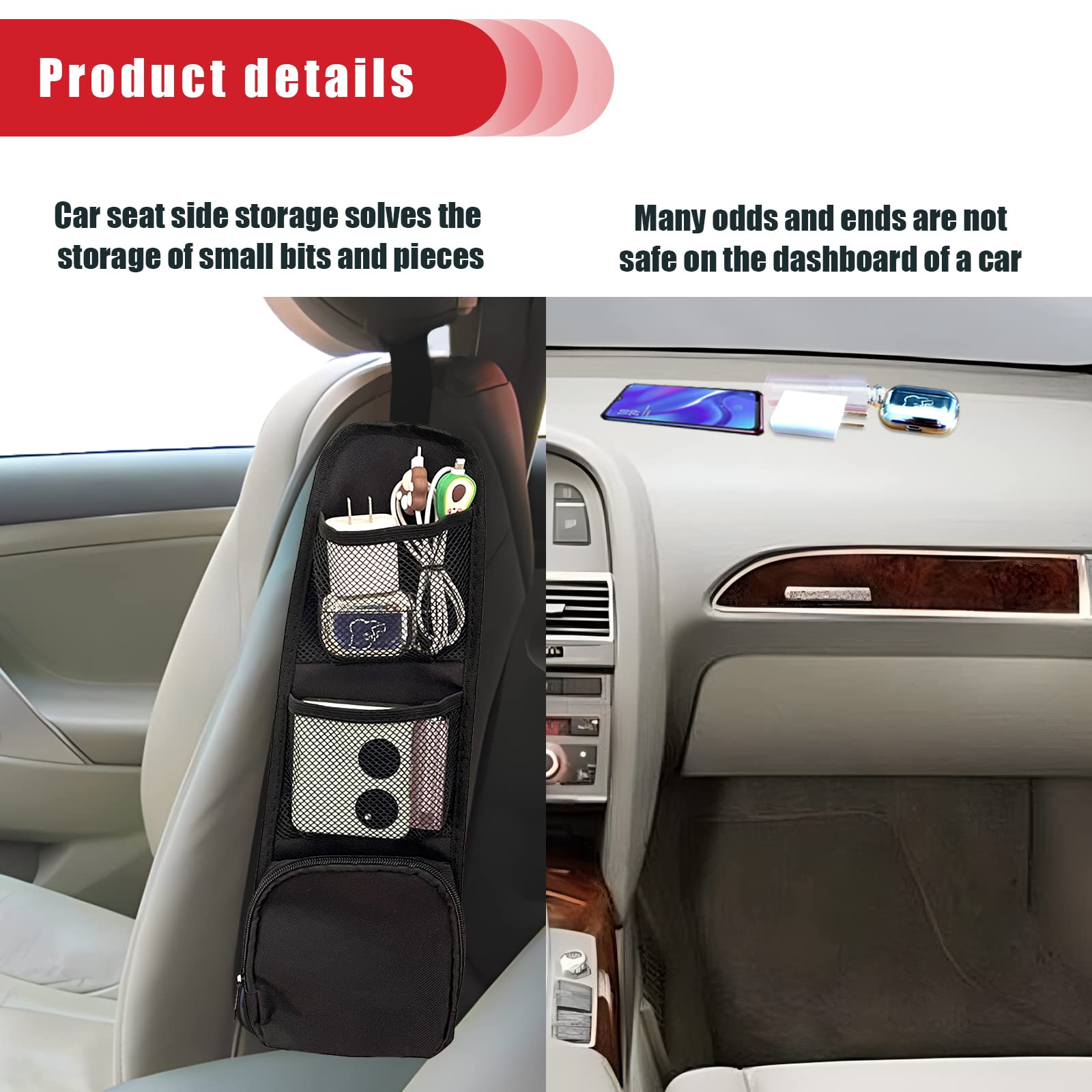 Quicto 2Pcs Car Seat Storage Hanging Bag, Multi-Pocket Seat Side Organizer, Multifunctional Mesh Net Pocket, Can Hold Mobile Pho