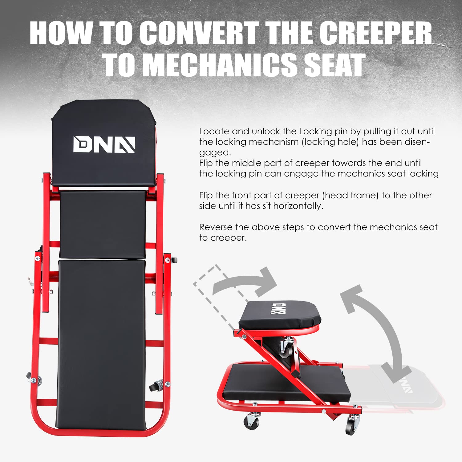 Dna Motoring Tools-00186 40 Inches 2 In 1 Rolling Folding Car Creeper/Seat, 6 Pcs 2'' Casters, 150Kg Weight Capacity, Red