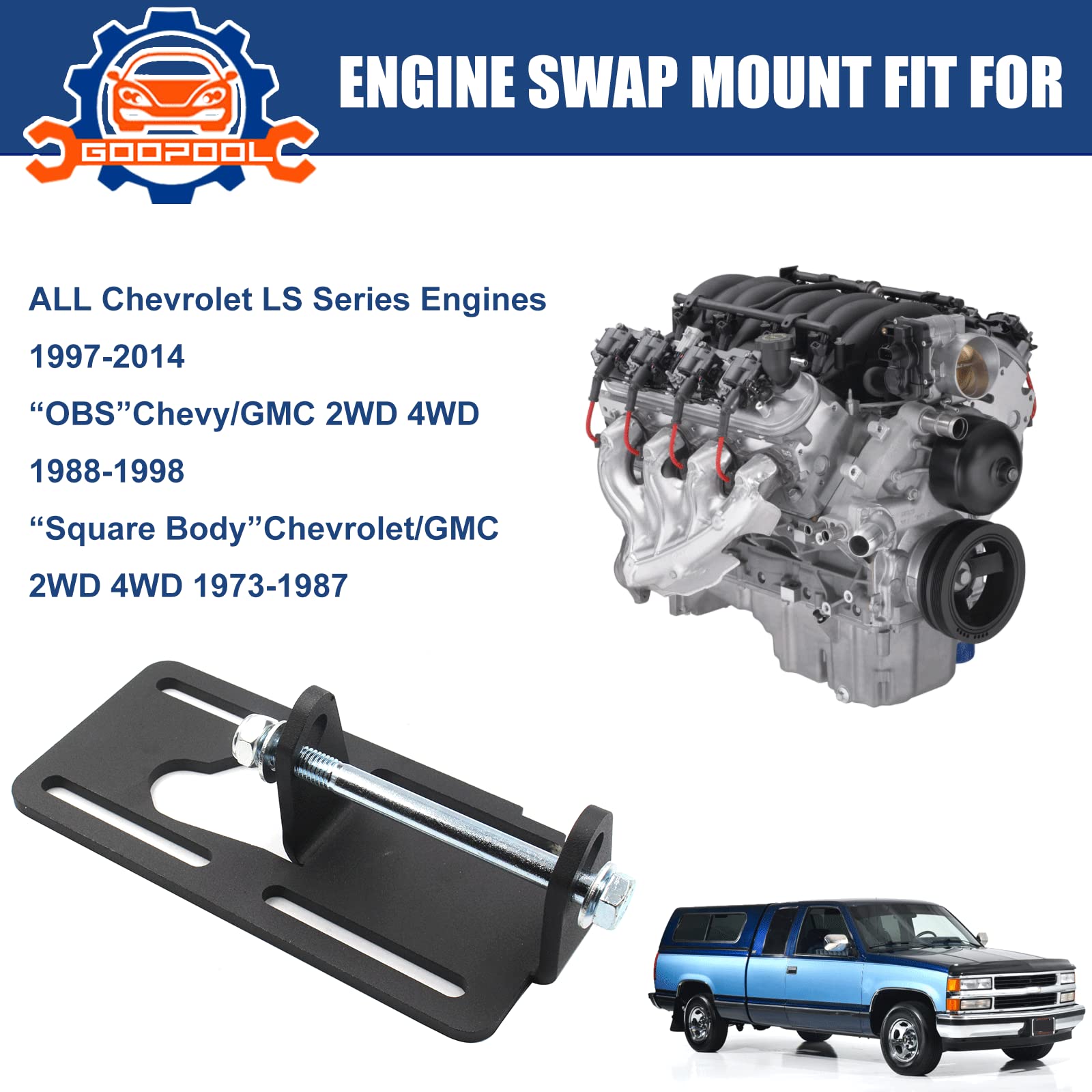 Goopool LS Conversion Engine Swap Mounts for 1973-1998 Chevy GMC Truck, Adjustable 2WD/4WD, Steel, Black, Model LS-ESM