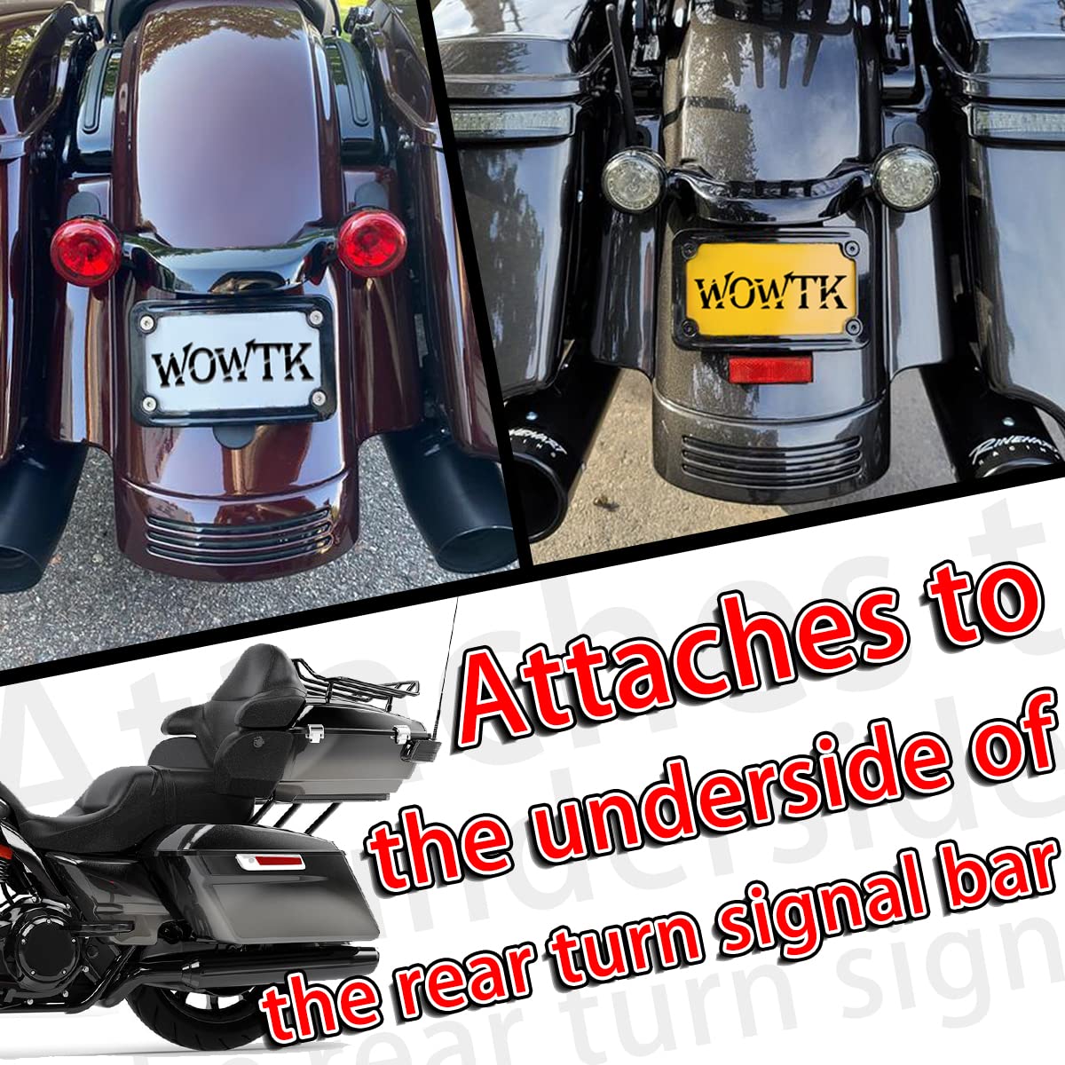WOWTK Rear Fender Curved License Plate Frame with White LED for Harley Road Glide, Road King, Street Glide (2010-2024), Black, Metal