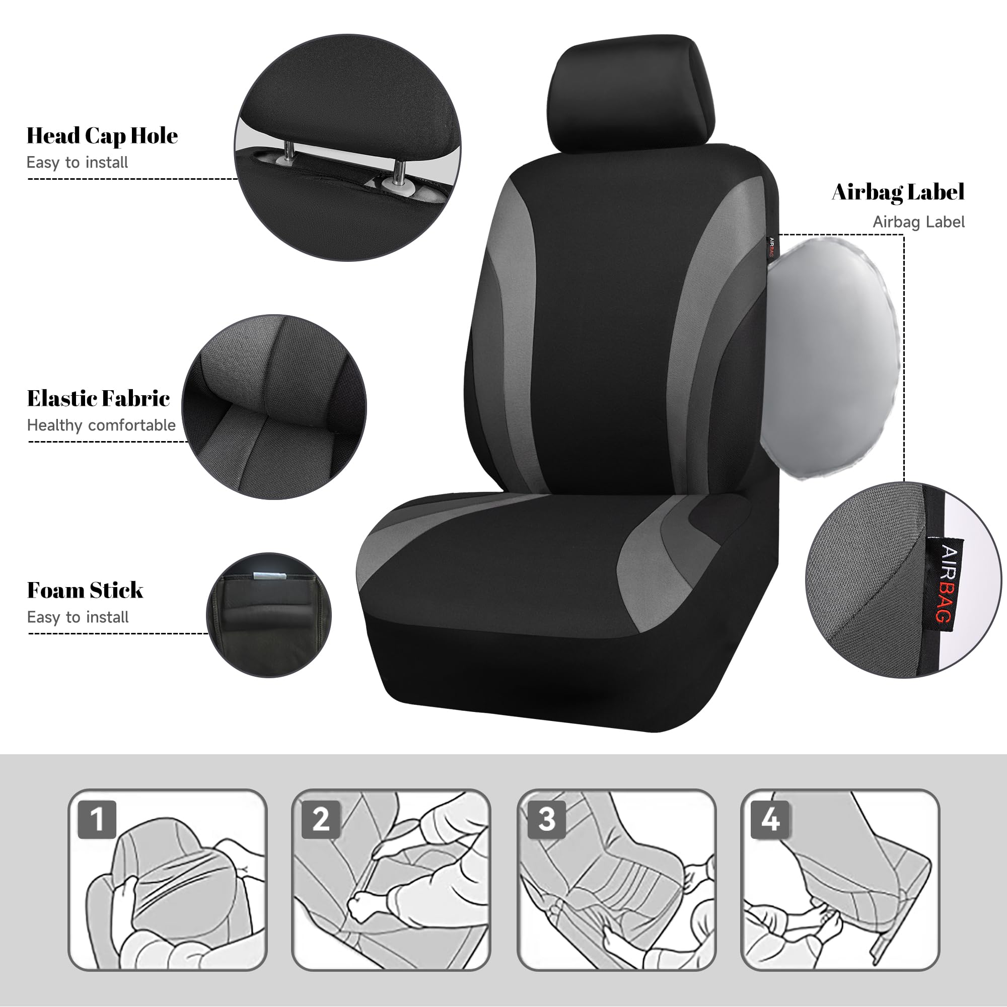 Car Pass Line Rider Sporty Front Seat Covers,Gray Car Seat Covers Two Front Seats Only, Airbag Compatible,Universal Fit Sedans,C