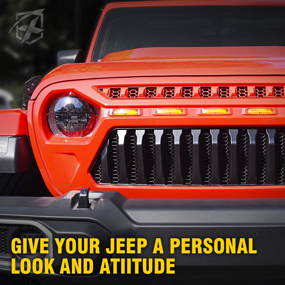 Xprite Front Grille with Amber LED Lights for 2018-2021 Jeep Wrangler JL JT, Black, ABS Material, Model ZS-0106K-JL