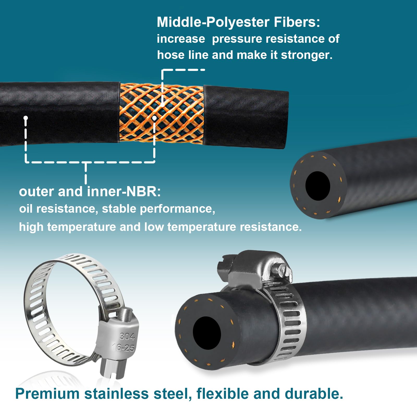 Vwtni 5/16 Fuel Hose, 10 Feet Nbr Rubber Gasoline Tube With 10 Pcs Stainless Steel Clamps, Fuel Line Kit