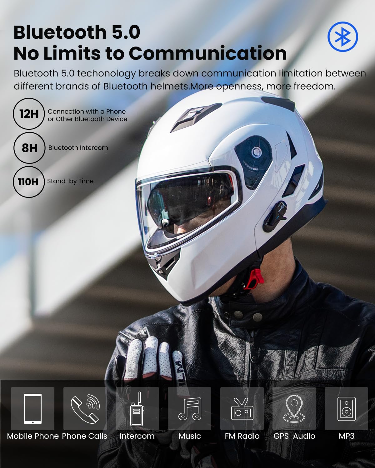 ILM Bluetooth Integrated Modular Full Face Motorcycle Helmet, Size M, White, Model 953, EPS Material, Sun Shield, MP3 Intercom