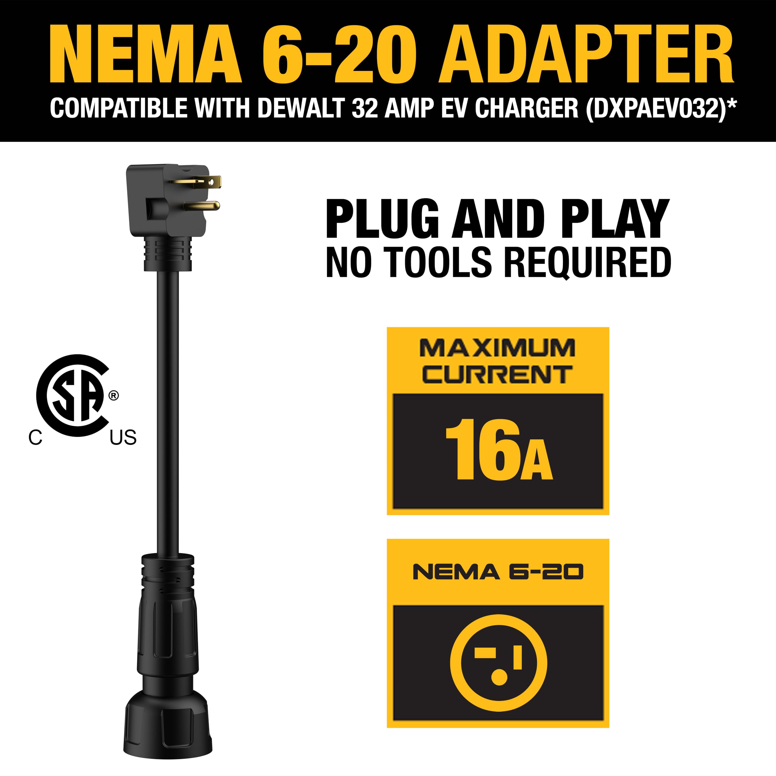 DEWALT NEMA 6-20 Adapter, 16A/240V, Compatible 32 Amp Portable EV Charger, High Power Connector, Easy to Connect, No Tools Requi