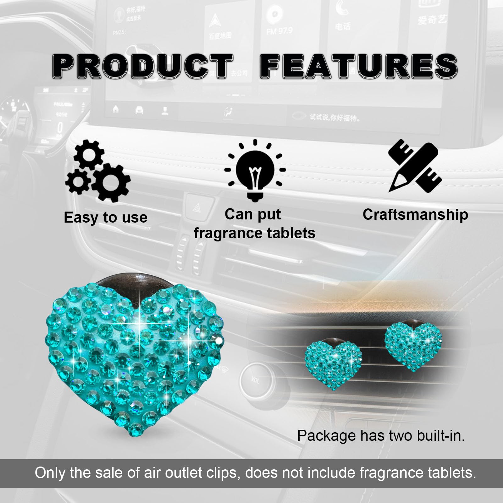 2Pcs Car Air Vent Clip, Bling Crystal Heart Charms Car Air Vent Clips, Car Air Conditioning Outlet Clip Decorative, Car Interior